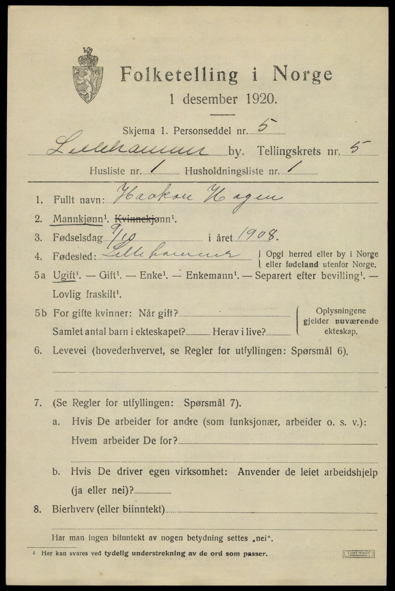 SAH, 1920 census for Lillehammer, 1920, p. 7654