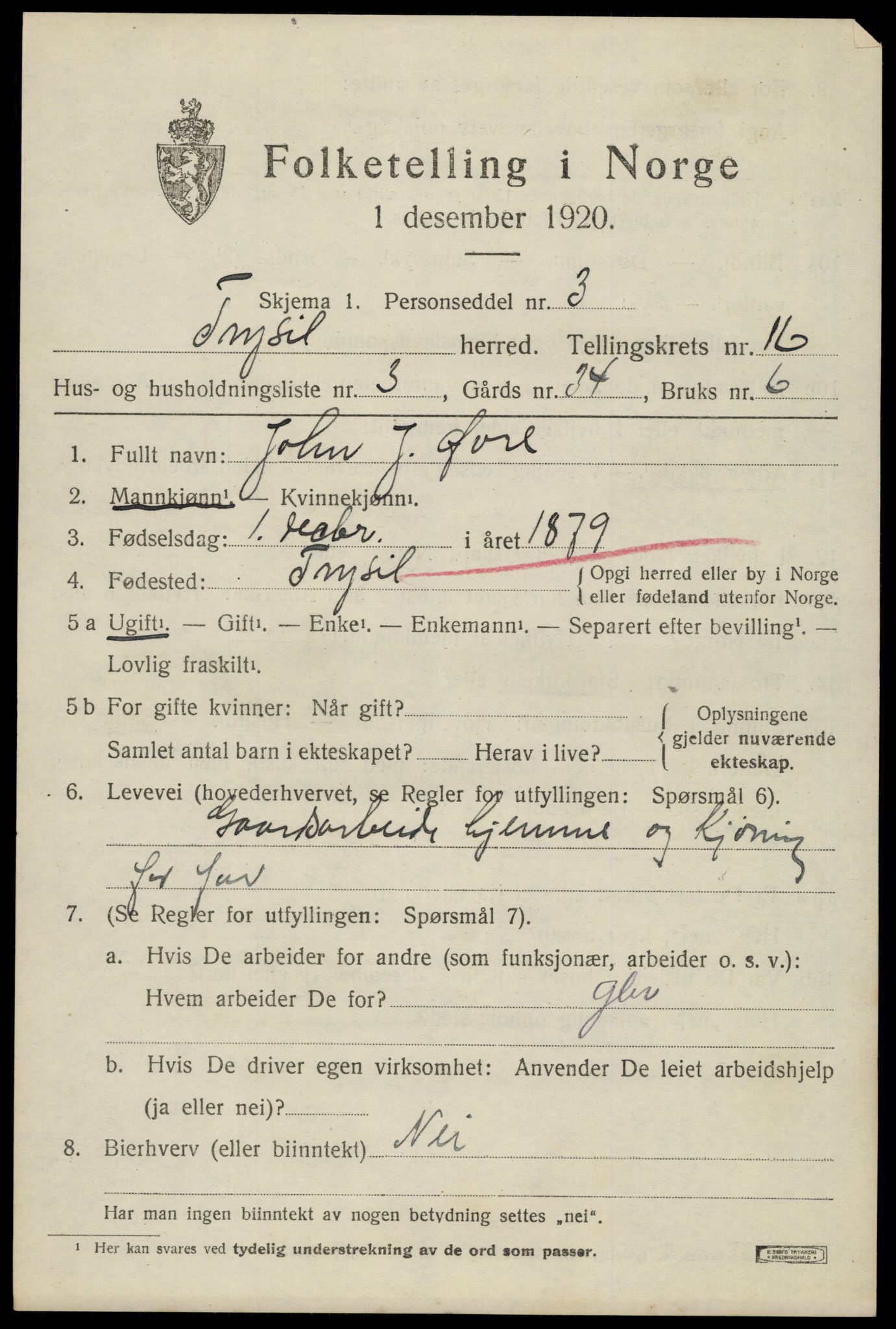 SAH, 1920 census for Trysil, 1920, p. 9459