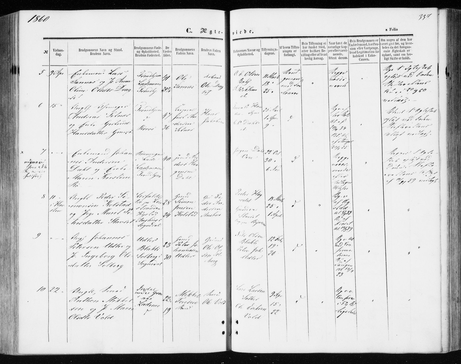 Ministerialprotokoller, klokkerbøker og fødselsregistre - Sør-Trøndelag, SAT/A-1456/606/L0292: Parish register (official) no. 606A07, 1856-1865, p. 337