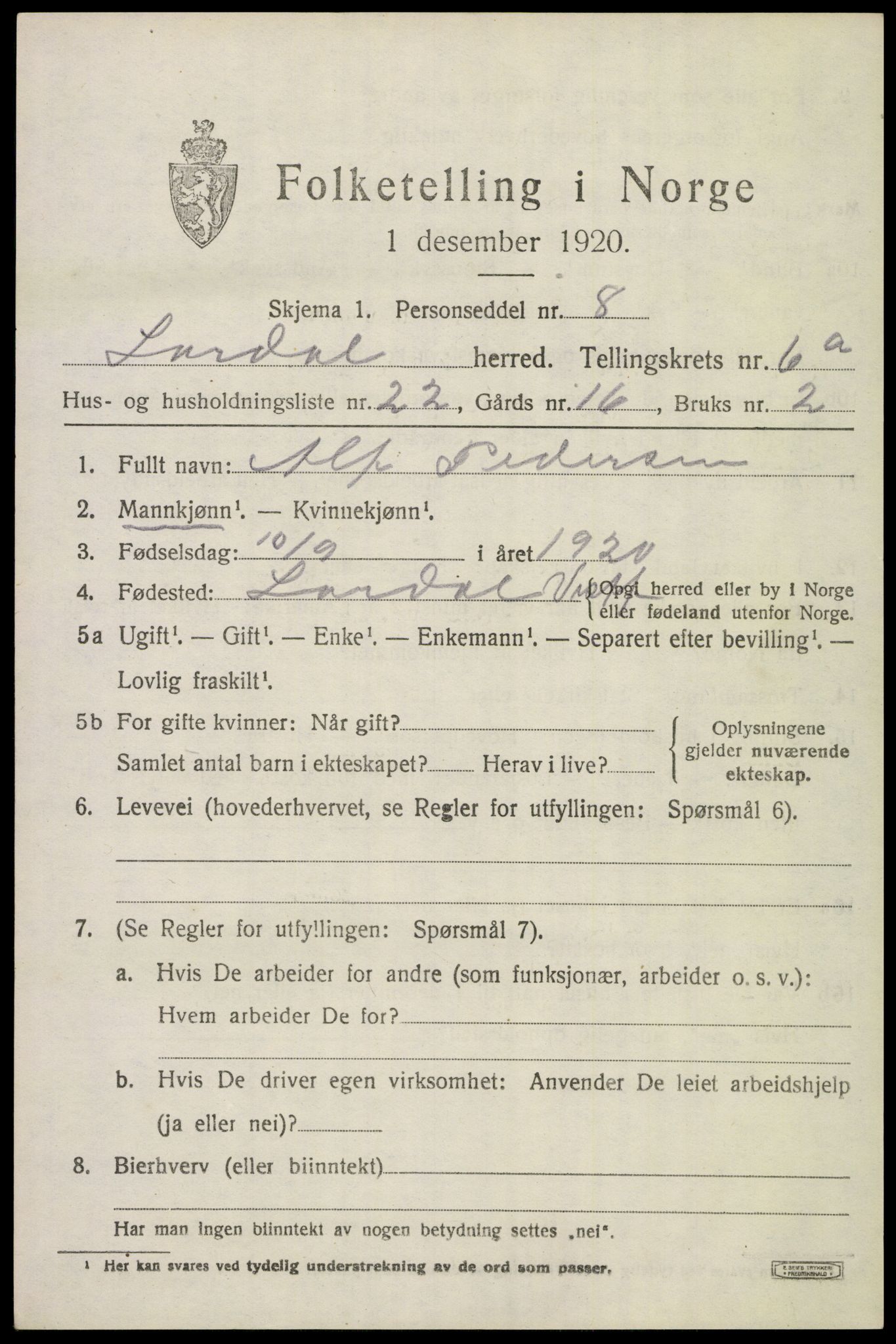 SAKO, 1920 census for Lardal, 1920, p. 5823