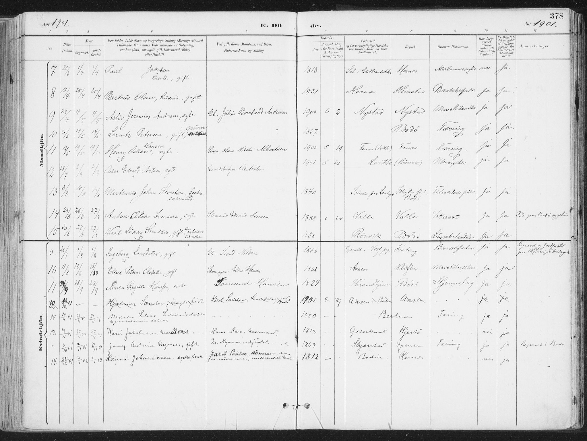 Ministerialprotokoller, klokkerbøker og fødselsregistre - Nordland, AV/SAT-A-1459/802/L0055: Parish register (official) no. 802A02, 1894-1915, p. 378