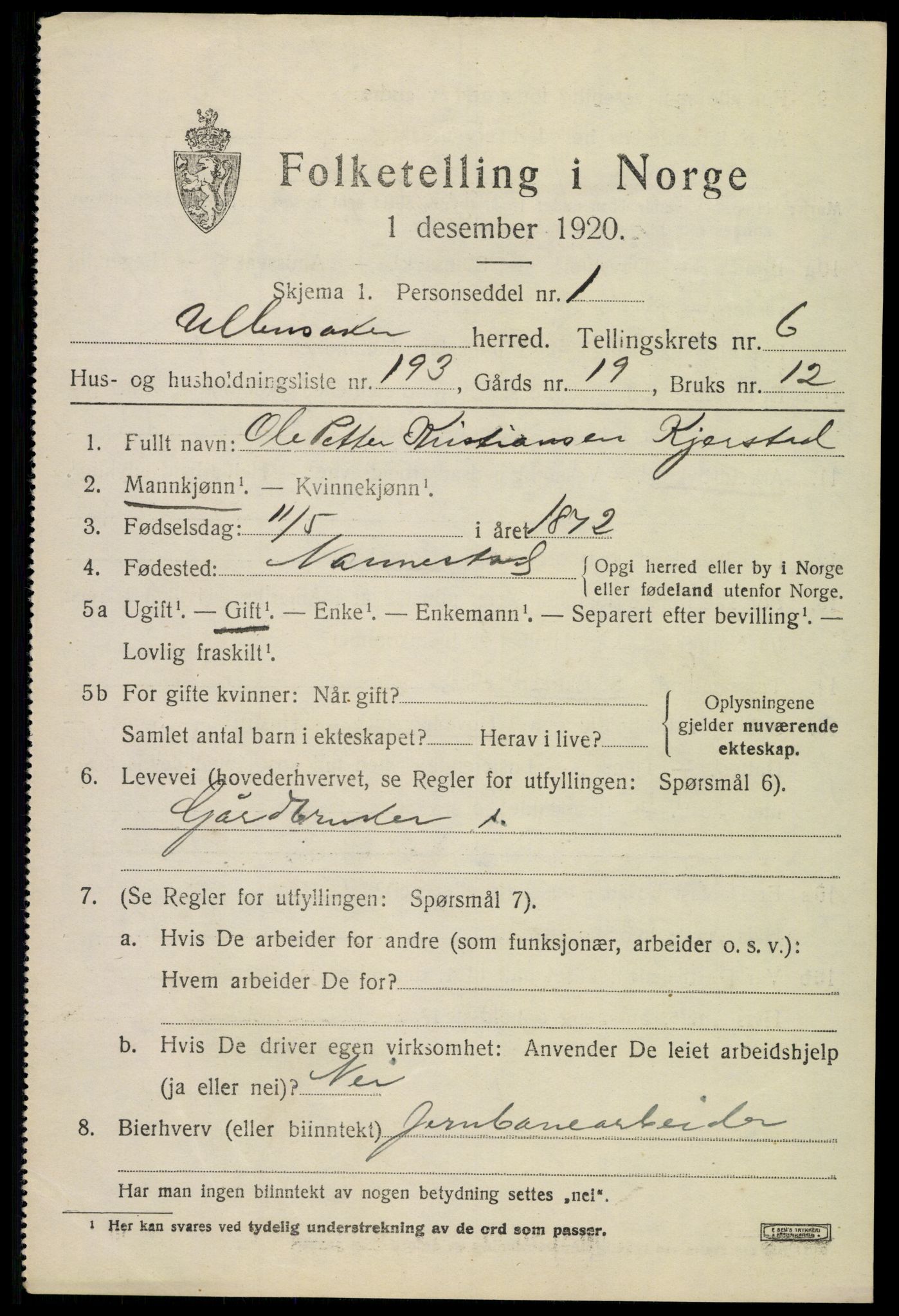 SAO, 1920 census for Ullensaker, 1920, p. 12859
