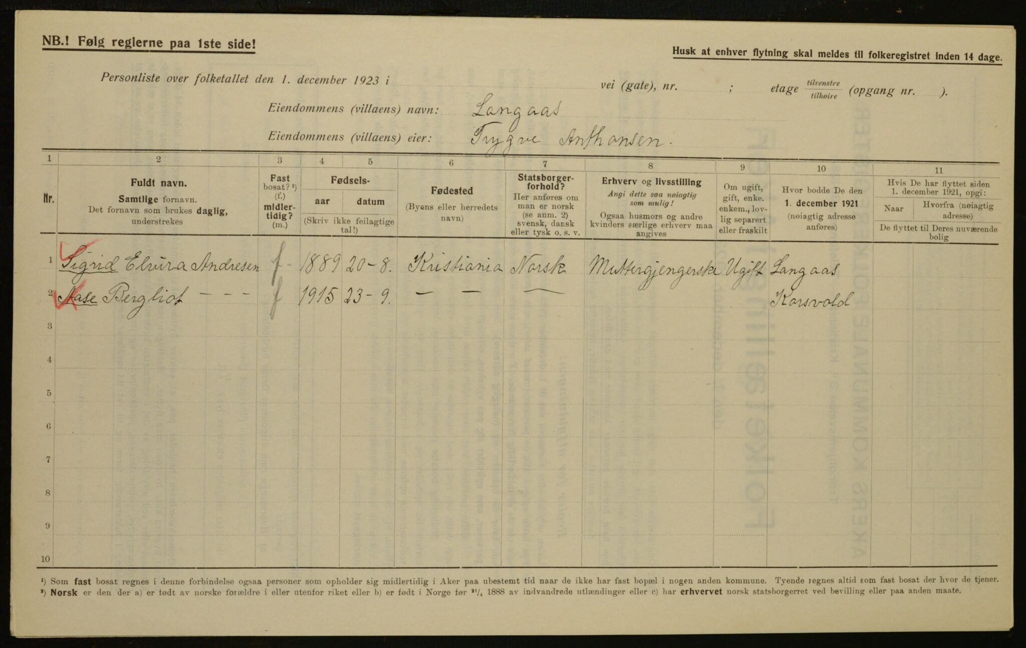 , Municipal Census 1923 for Aker, 1923, p. 13920