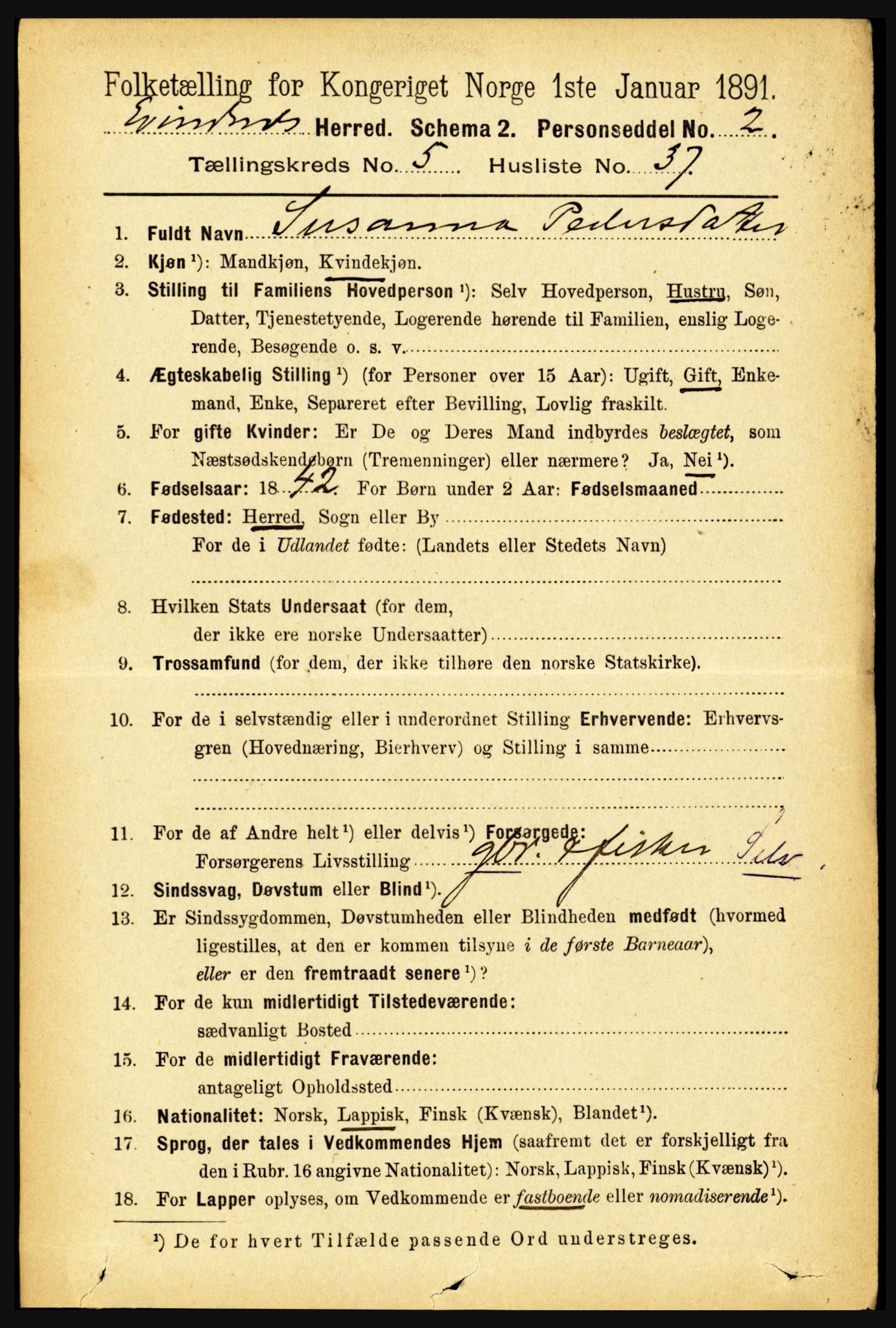 RA, 1891 census for 1853 Evenes, 1891, p. 1875