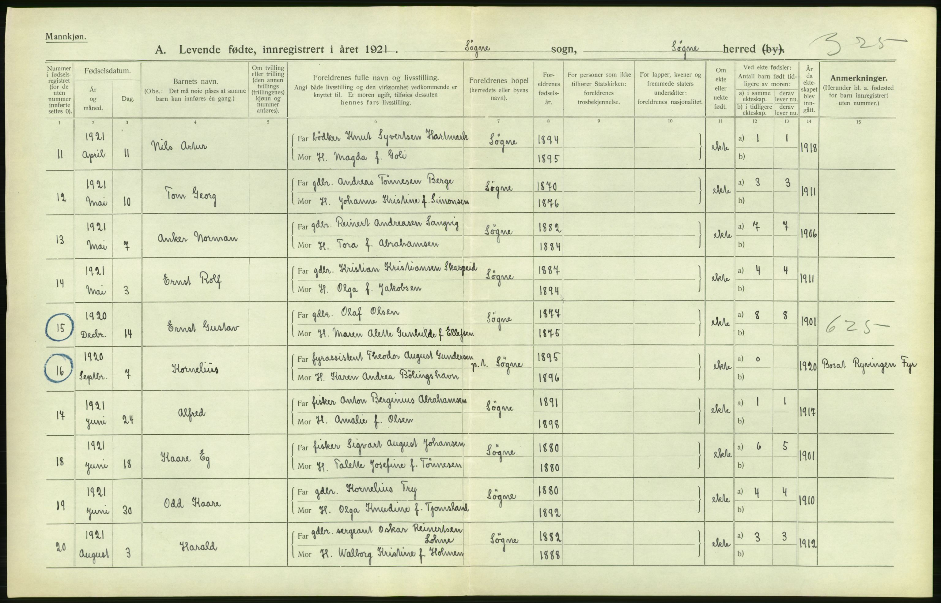 Statistisk sentralbyrå, Sosiodemografiske emner, Befolkning, AV/RA-S-2228/D/Df/Dfc/Dfca/L0026: Vest-Agder fylke: Levendefødte menn og kvinner. Bygder og byer., 1921, p. 44