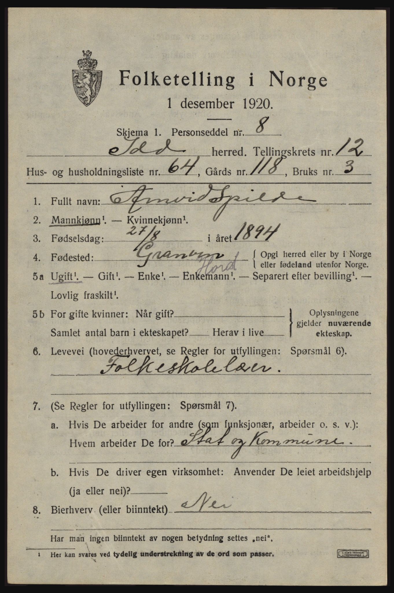 SAO, 1920 census for Idd, 1920, p. 12583