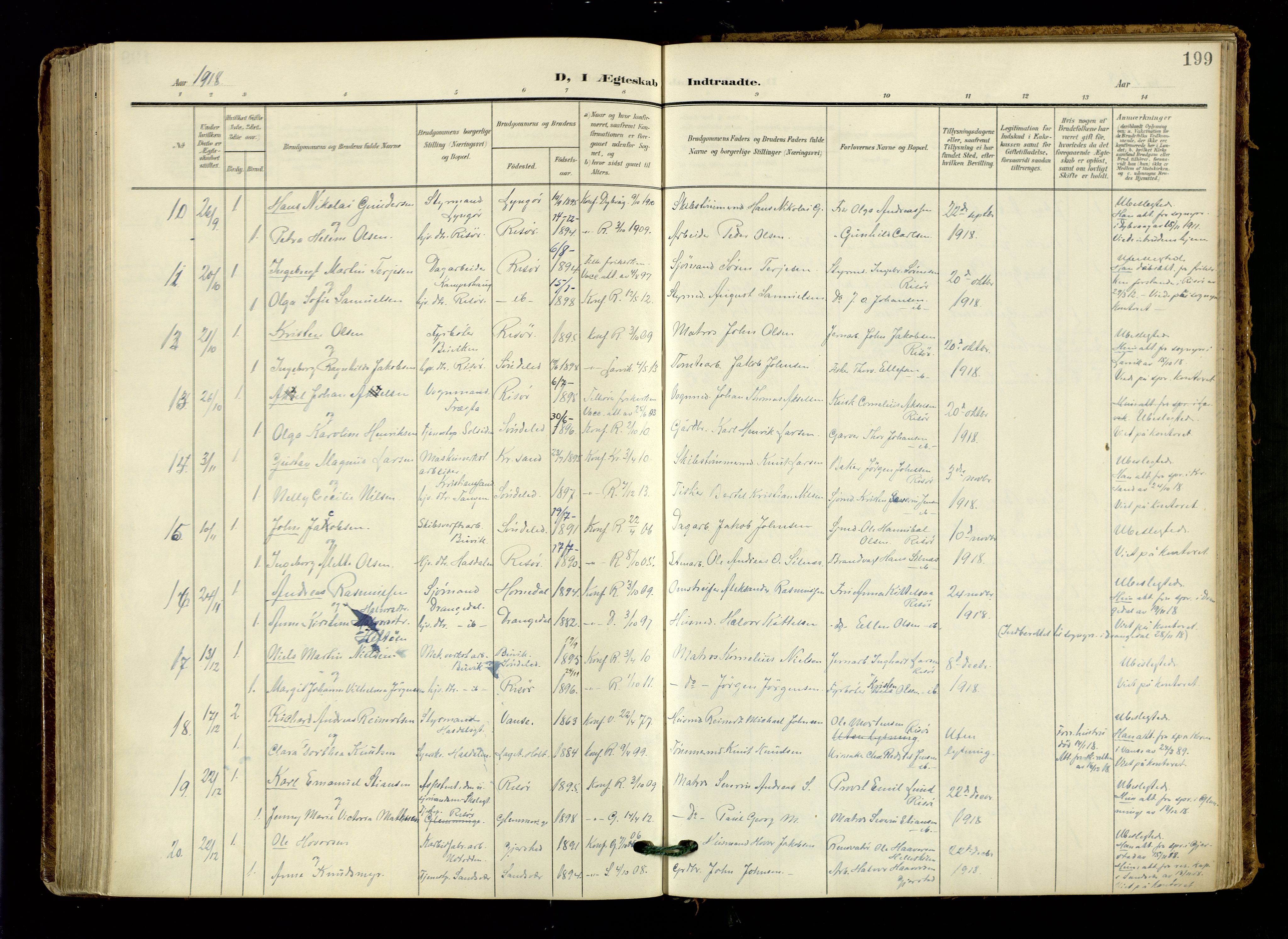 Risør sokneprestkontor, AV/SAK-1111-0035/F/Fa/L0011: Parish register (official) no. A 11, 1907-1920, p. 199