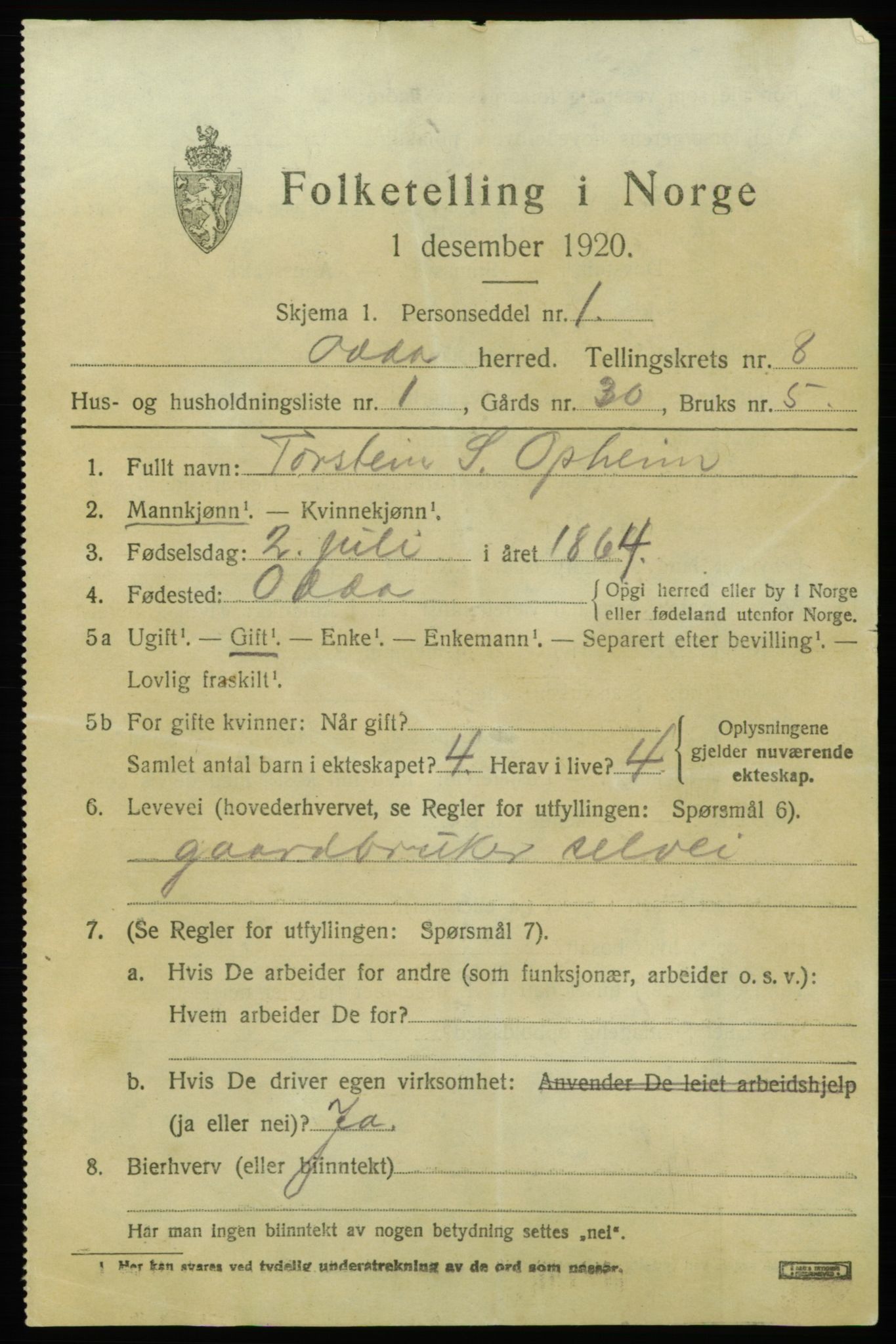 SAB, 1920 census for Odda, 1920, p. 6793