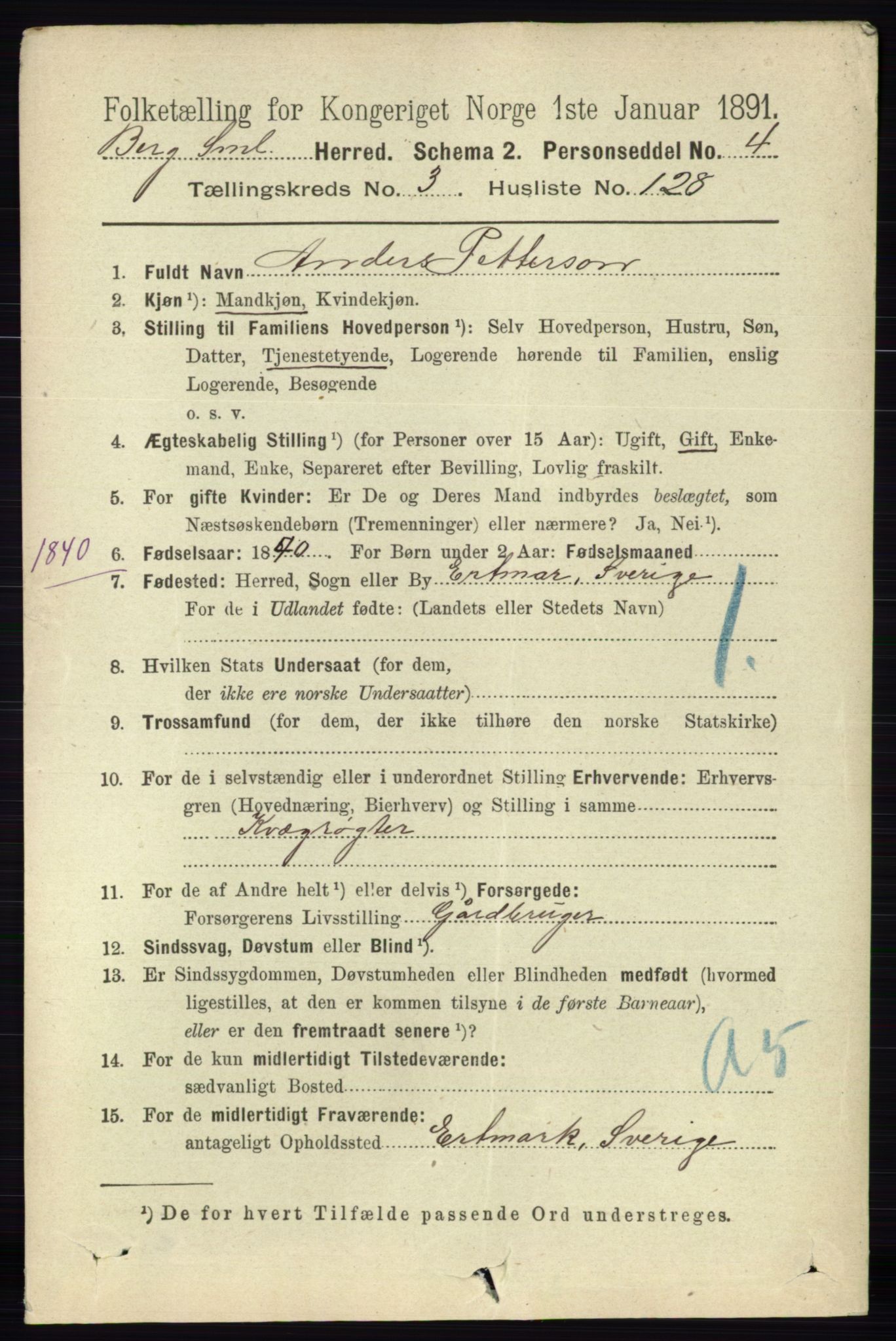 RA, 1891 census for 0116 Berg, 1891, p. 2722