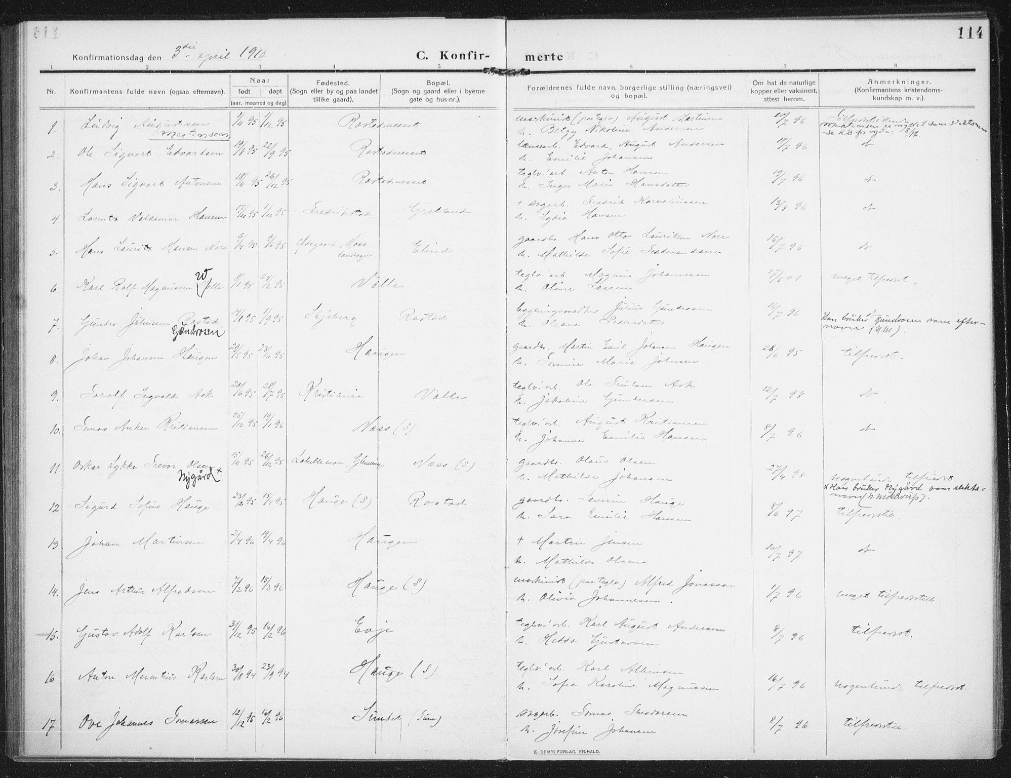 Rolvsøy prestekontor Kirkebøker, SAO/A-2004/F/Fa/L0002: Parish register (official) no. 2, 1909-1917, p. 114