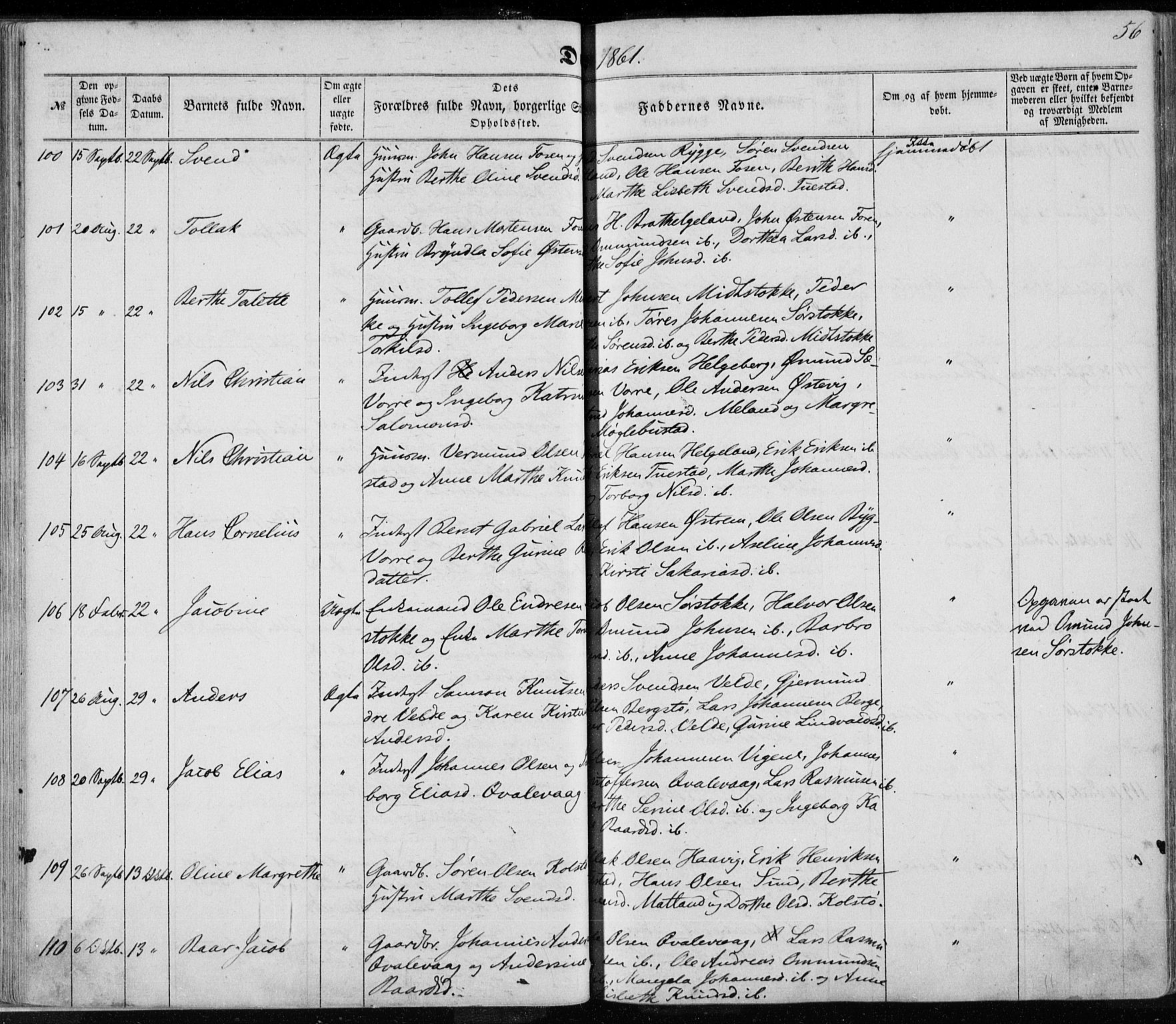 Avaldsnes sokneprestkontor, SAST/A -101851/H/Ha/Haa/L0010: Parish register (official) no. A 10, 1857-1876, p. 56