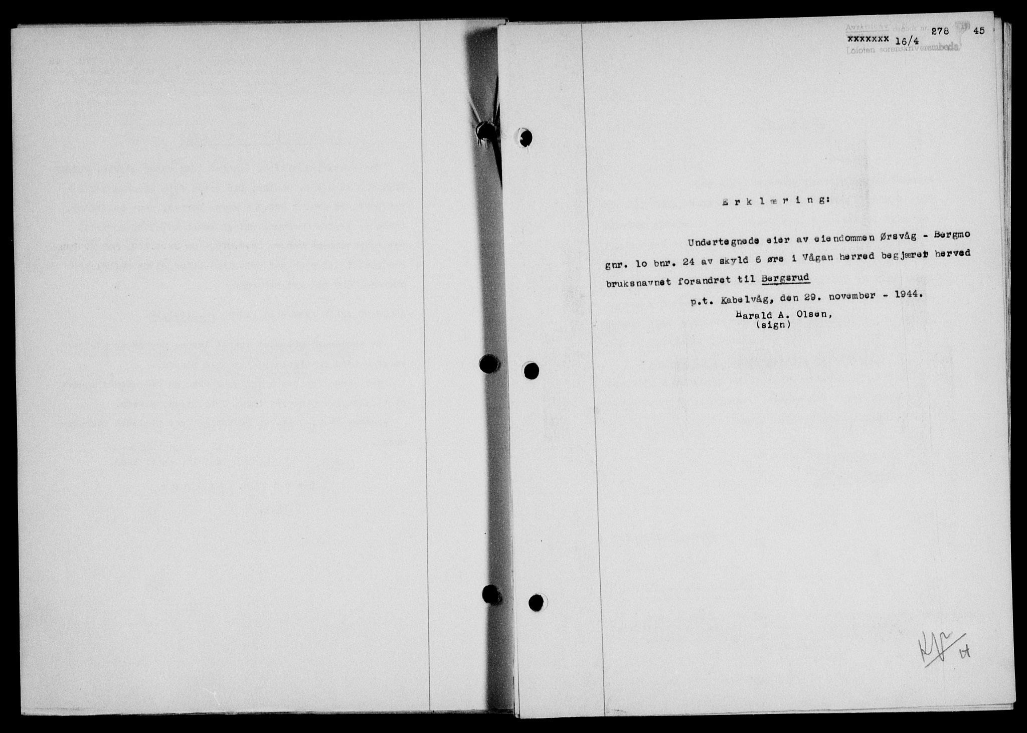 Lofoten sorenskriveri, SAT/A-0017/1/2/2C/L0013a: Mortgage book no. 13a, 1944-1946, Diary no: : 278/1945