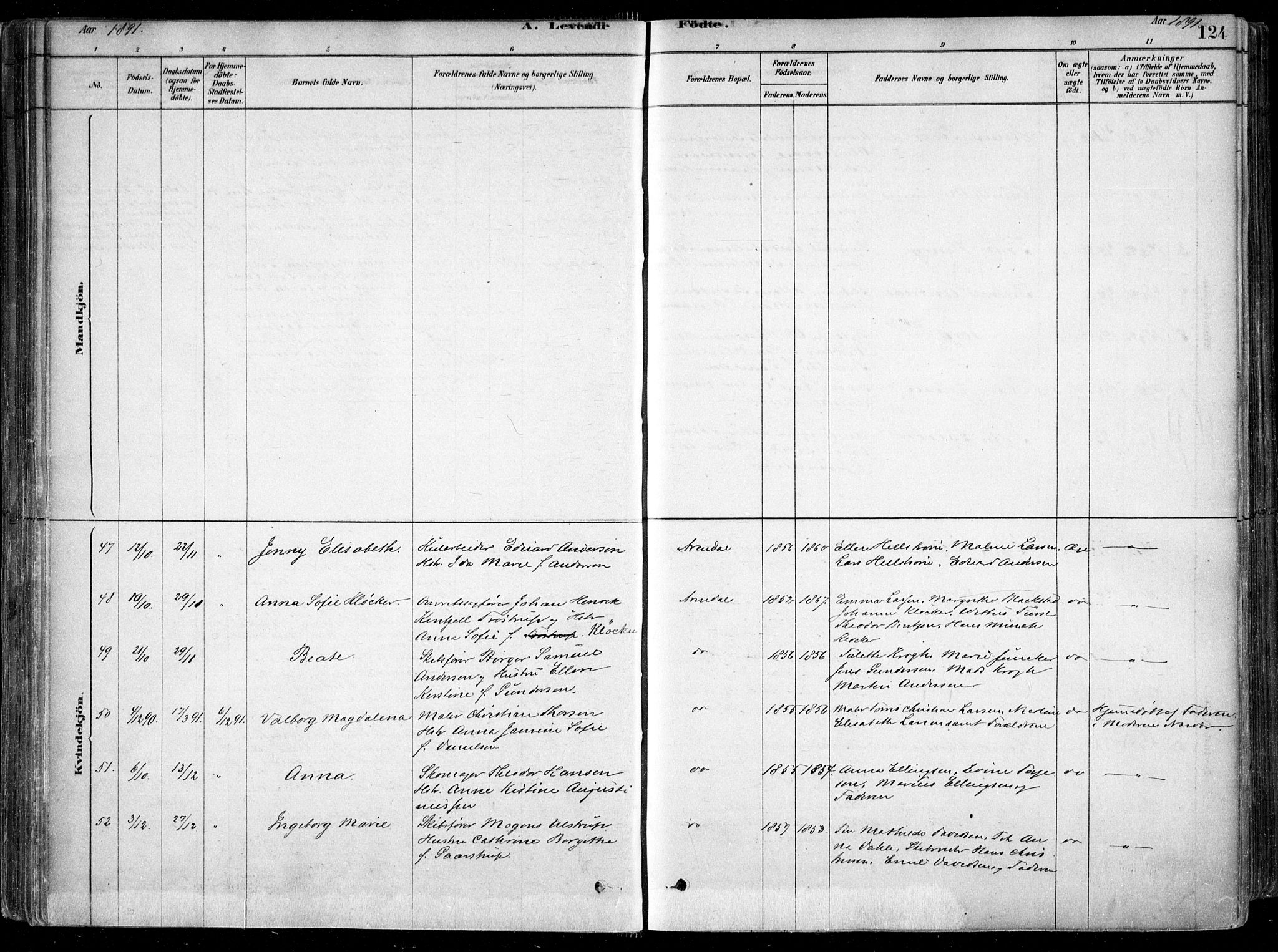 Arendal sokneprestkontor, Trefoldighet, AV/SAK-1111-0040/F/Fa/L0008: Parish register (official) no. A 8, 1878-1899, p. 124