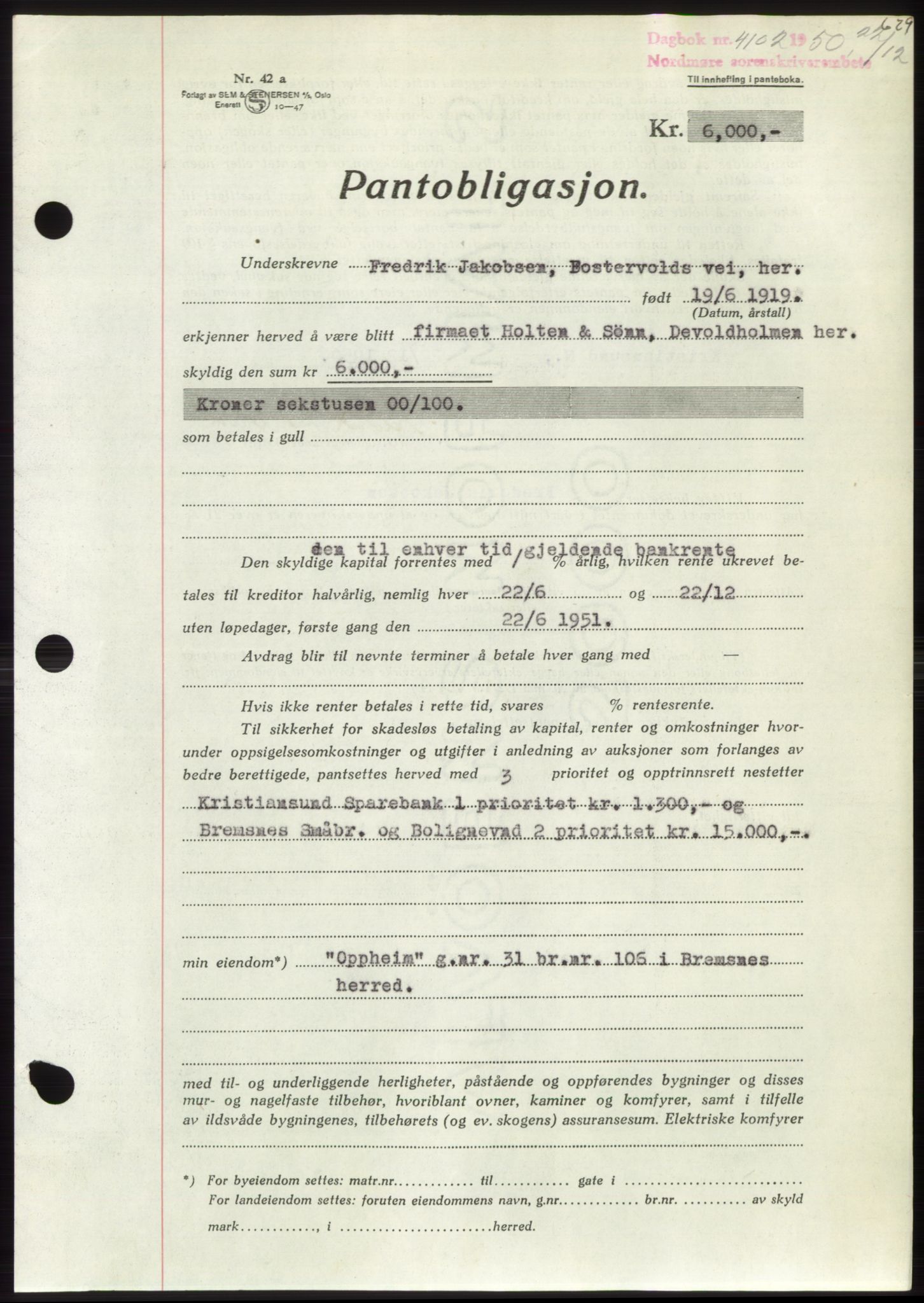 Nordmøre sorenskriveri, AV/SAT-A-4132/1/2/2Ca: Mortgage book no. B106, 1950-1950, Diary no: : 4102/1950