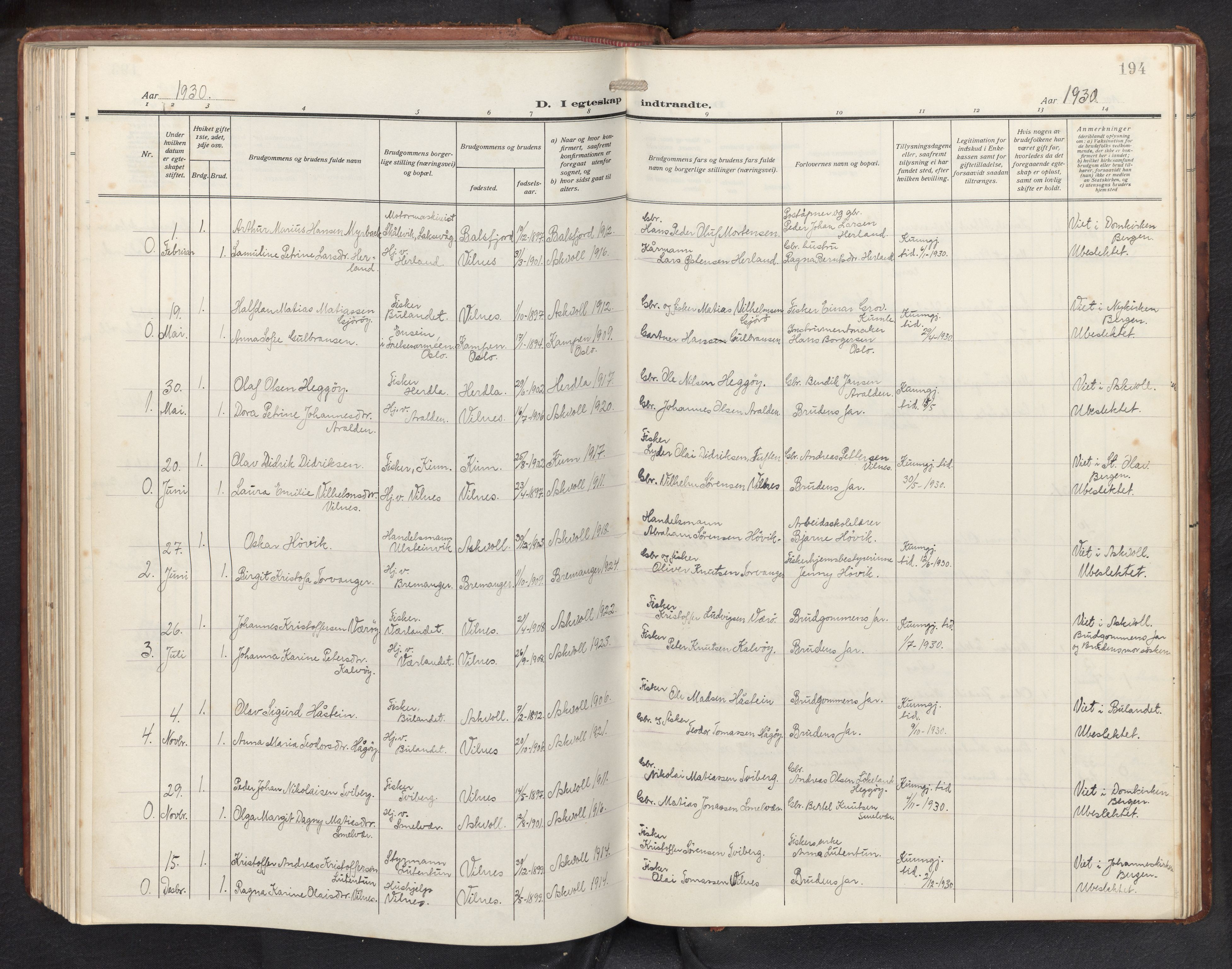 Askvoll sokneprestembete, SAB/A-79501/H/Hab/Habb/L0002: Parish register (copy) no. B 2, 1910-1947, p. 193b-194a