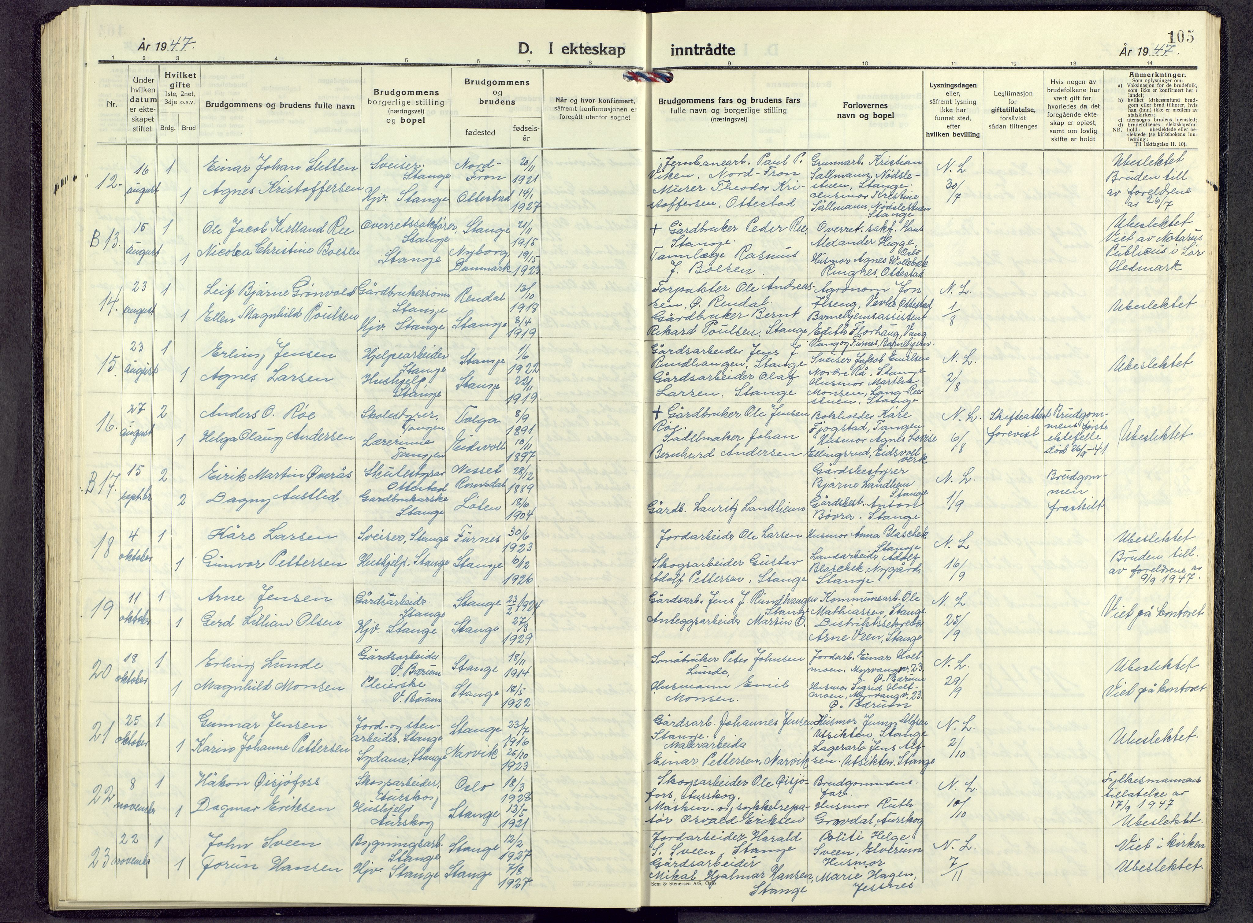 Stange prestekontor, SAH/PREST-002/L/L0022: Parish register (copy) no. 22, 1948-1954, p. 105