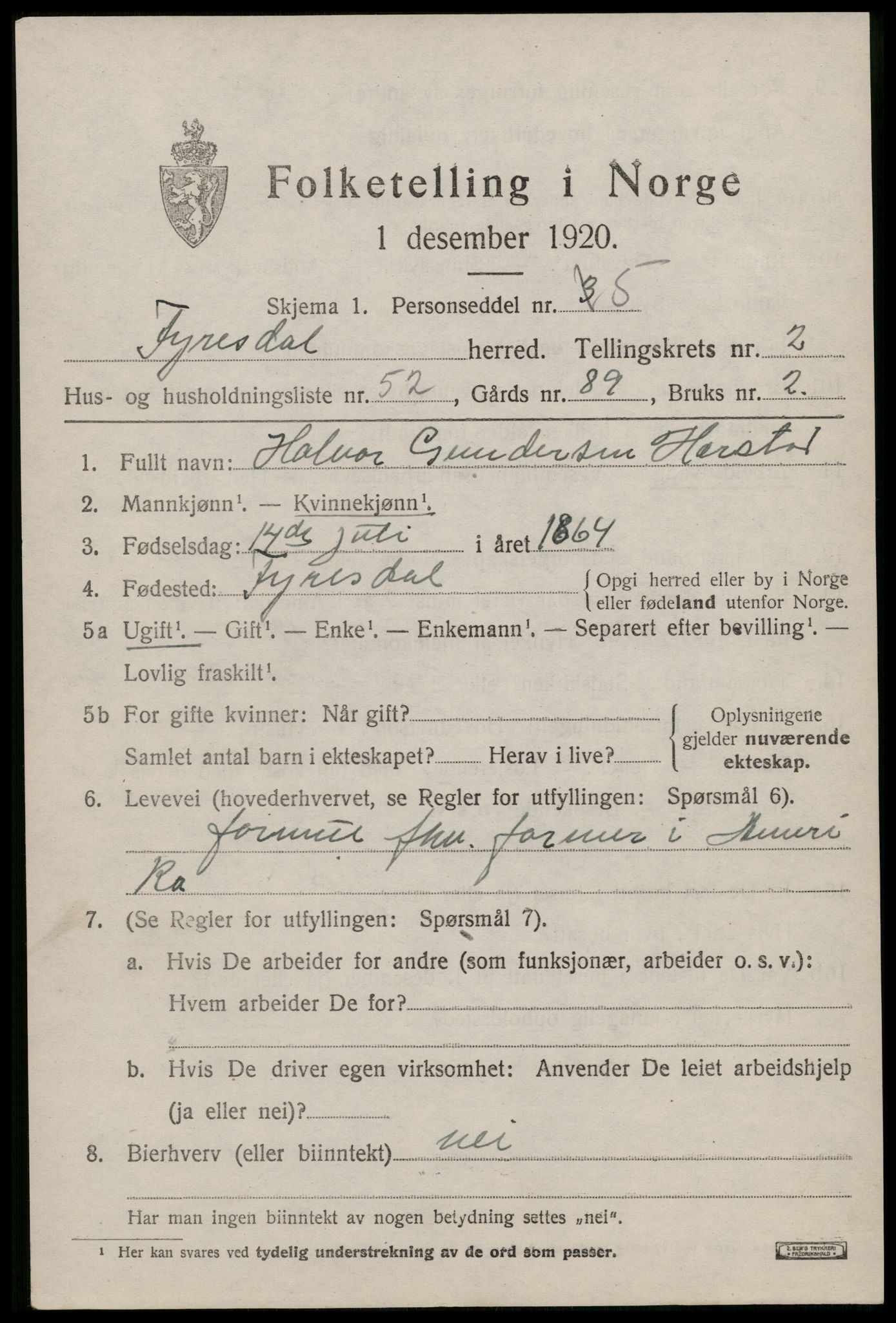 SAKO, 1920 census for Fyresdal, 1920, p. 1809