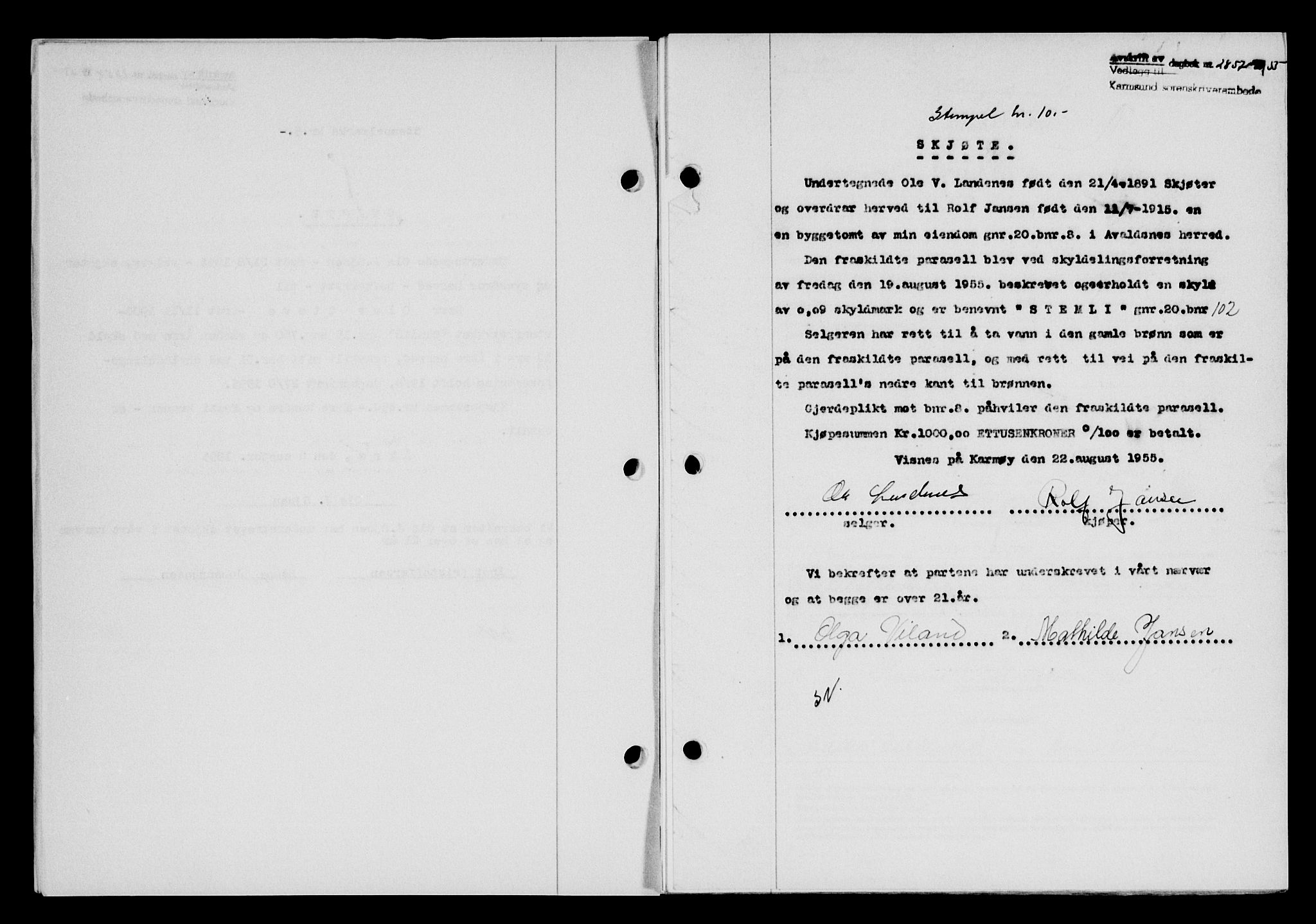 Karmsund sorenskriveri, SAST/A-100311/01/II/IIB/L0117: Mortgage book no. 97Aa, 1955-1955, Diary no: : 2857/1955