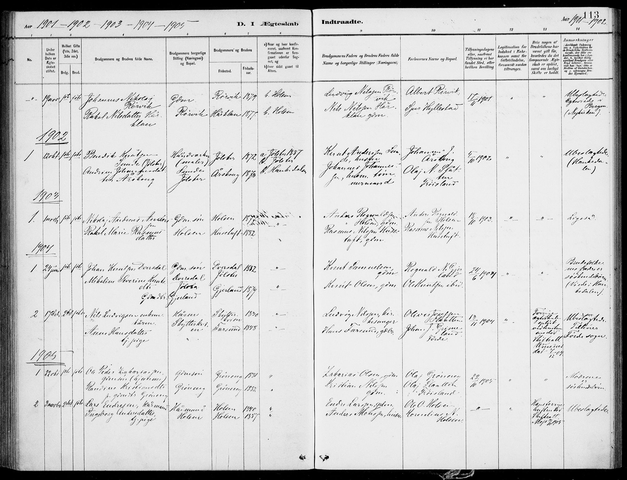 Førde sokneprestembete, SAB/A-79901/H/Haa/Haac/L0001: Parish register (official) no. C  1, 1881-1920, p. 113