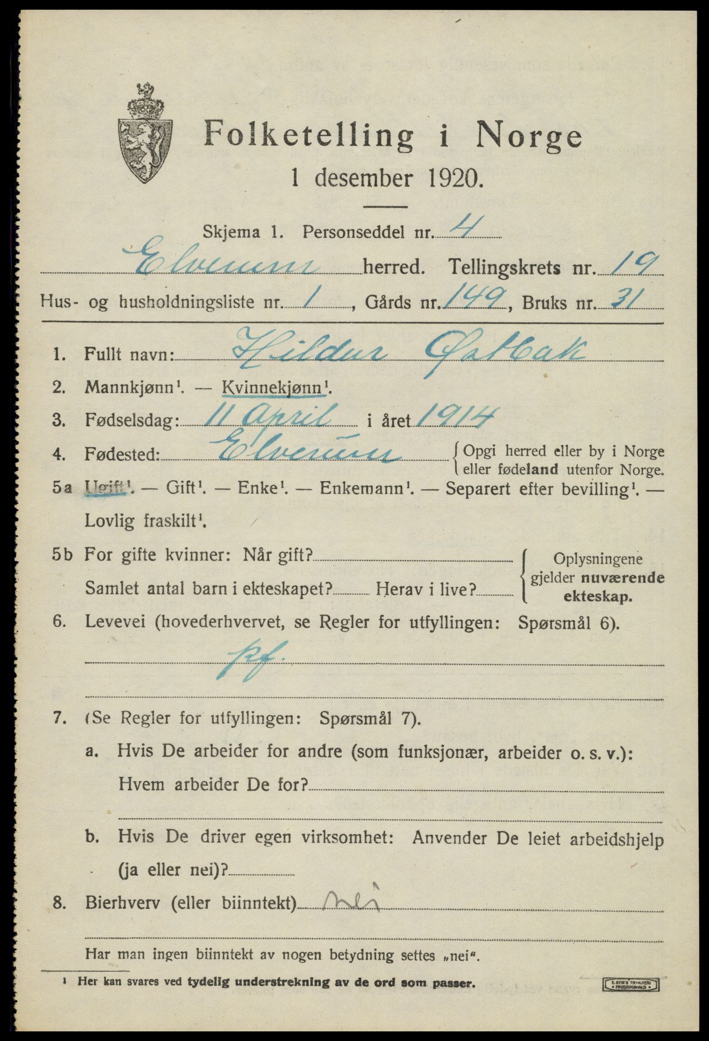 SAH, 1920 census for Elverum, 1920, p. 22544