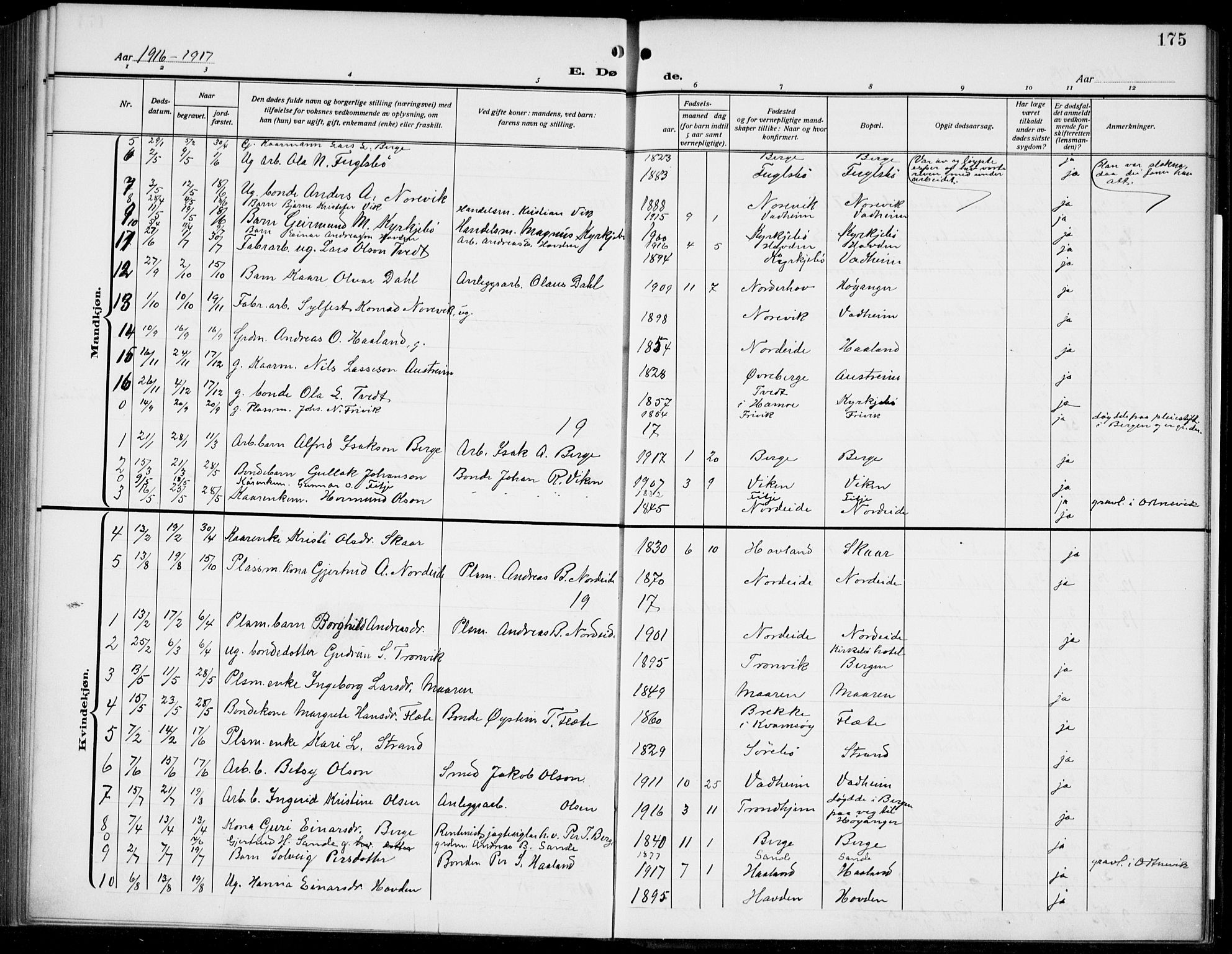 Lavik sokneprestembete, AV/SAB-A-80901: Parish register (copy) no. B 4, 1914-1937, p. 175