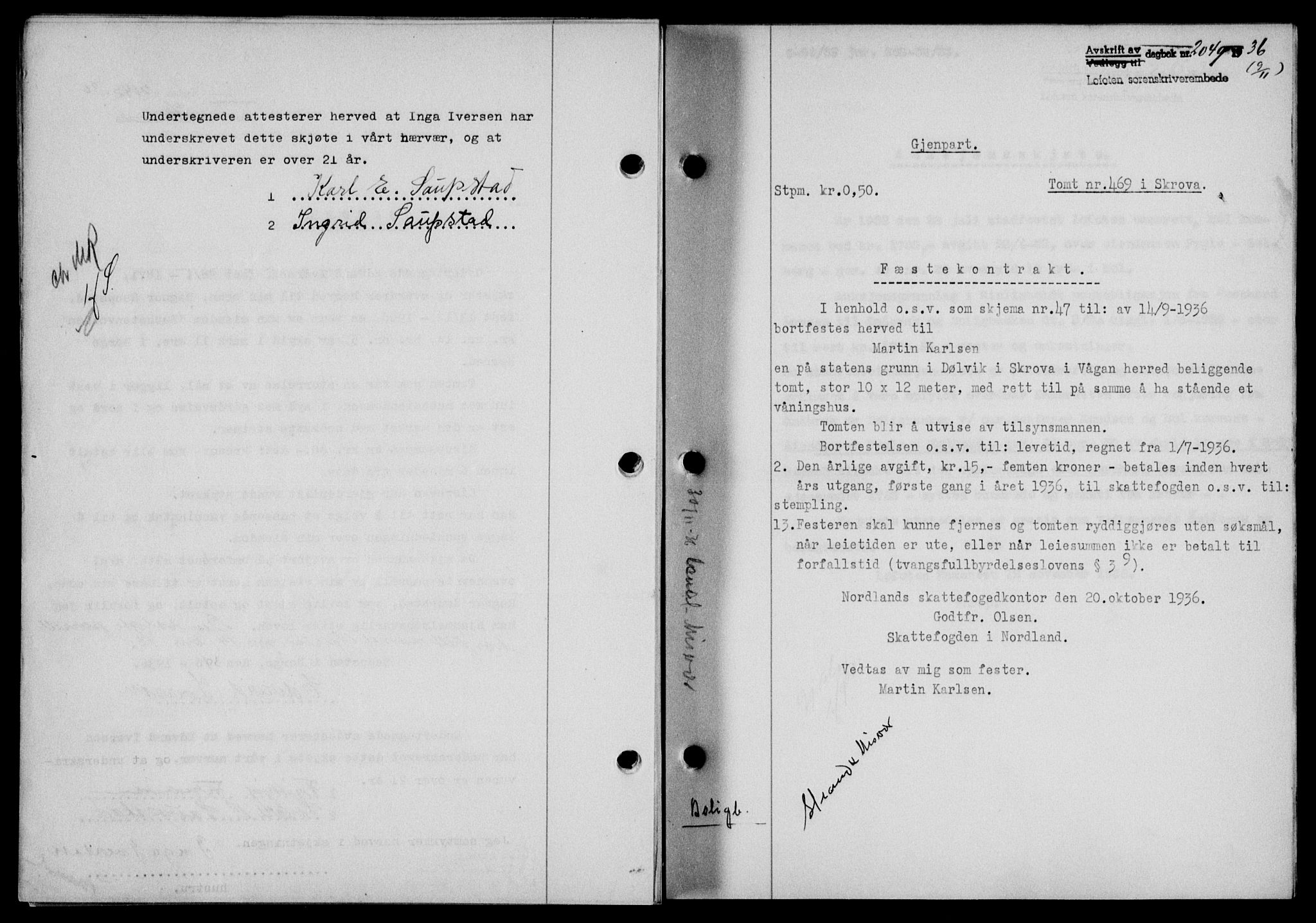 Lofoten sorenskriveri, SAT/A-0017/1/2/2C/L0001a: Mortgage book no. 1a, 1936-1937, Diary no: : 2049/1936