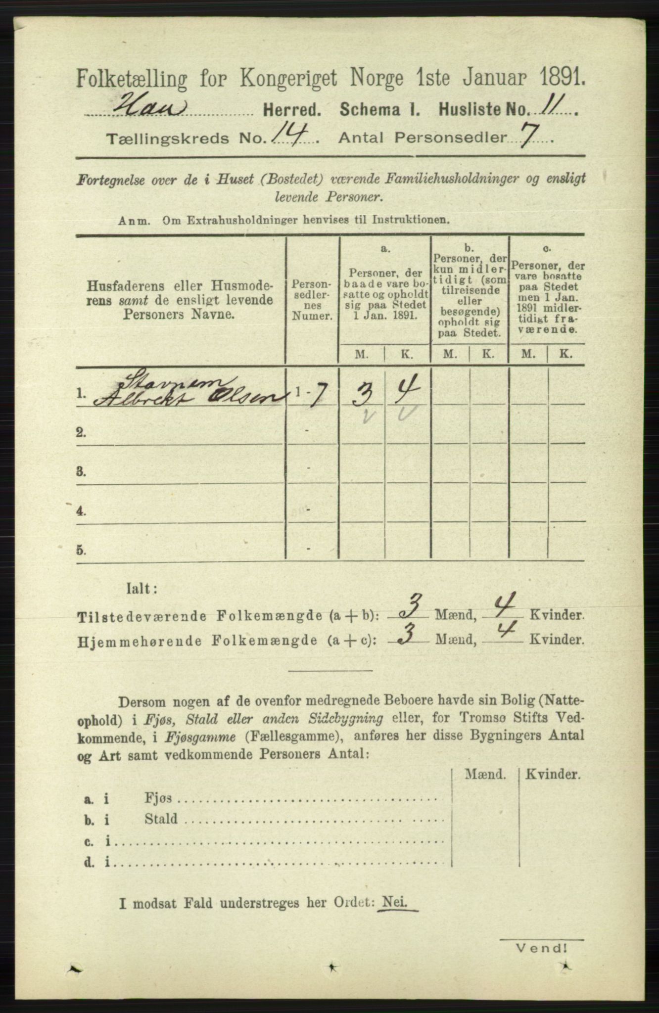 RA, 1891 census for 1119 Hå, 1891, p. 3331