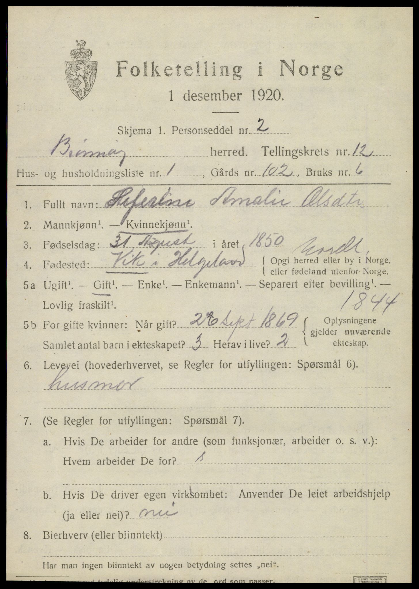 SAT, 1920 census for Brønnøy, 1920, p. 8748