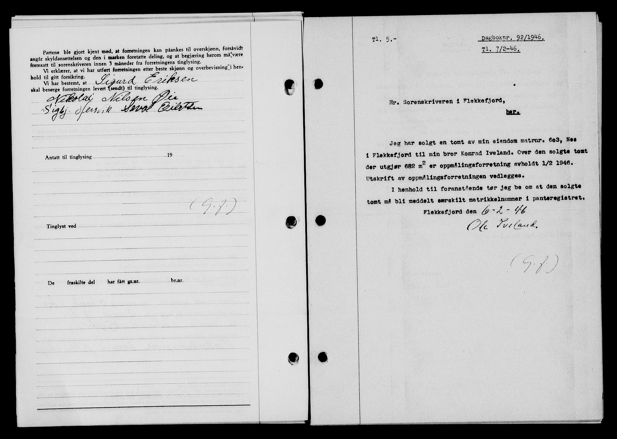 Flekkefjord sorenskriveri, SAK/1221-0001/G/Gb/Gba/L0060: Mortgage book no. A-8, 1945-1946, Diary no: : 92/1946