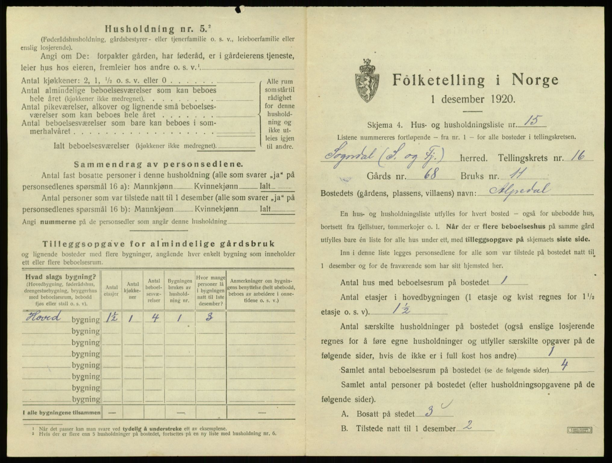 SAB, 1920 census for Sogndal, 1920, p. 882