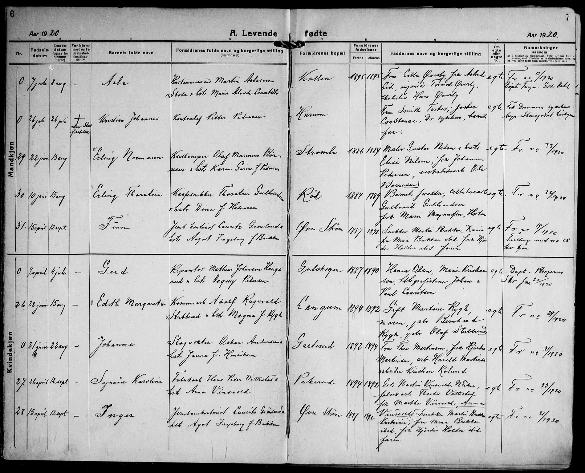 Strømsgodset kirkebøker, AV/SAKO-A-324/F/Fa/L0003: Parish register (official) no. 3, 1920-1936, p. 6-7