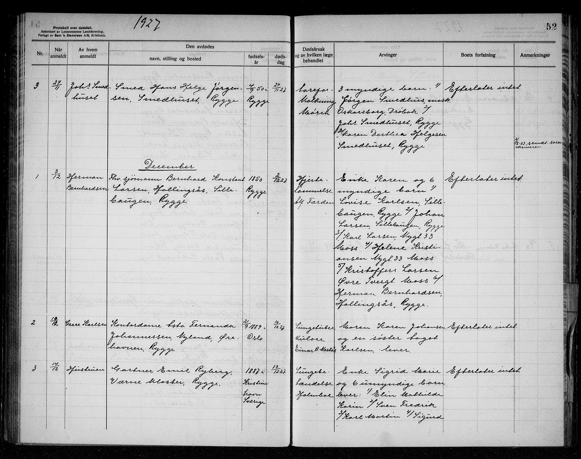 Rygge lensmannskontor, SAO/A-10005/H/Ha/Haa/L0008: Dødsfallsprotokoll, 1925-1929, p. 52