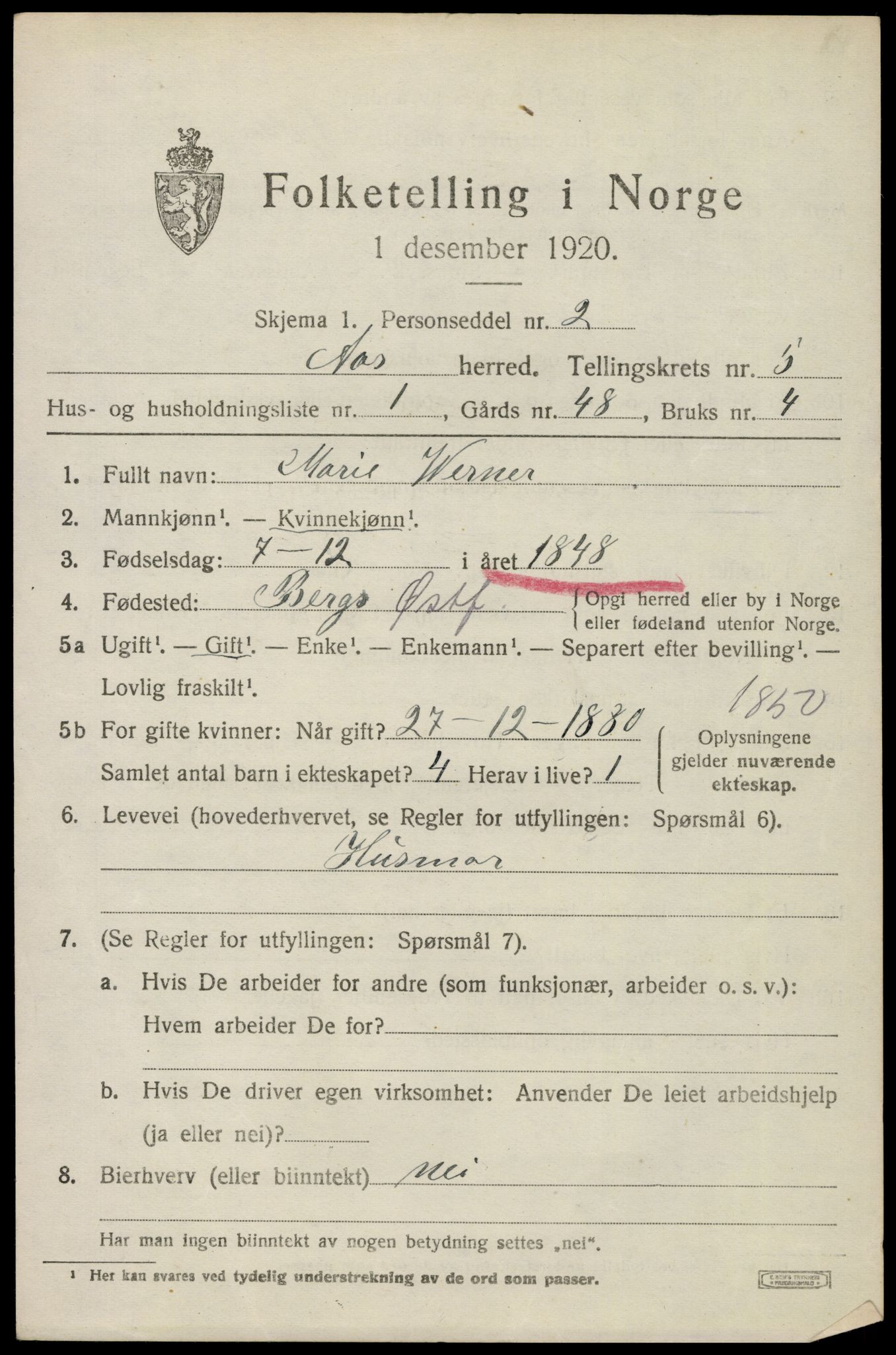 SAO, 1920 census for Ås, 1920, p. 5842