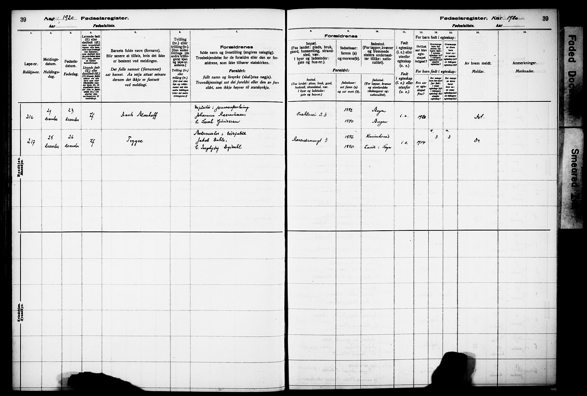 Kvinneklinikken, AV/SAB-A-76301/F/L0A02: Birth register no. A 2, 1920-1924, p. 39