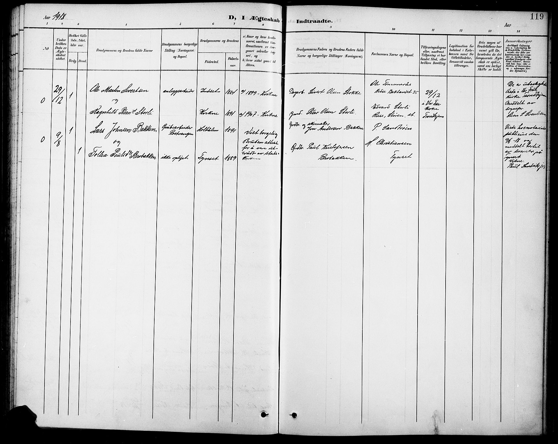 Kvikne prestekontor, SAH/PREST-064/H/Ha/Hab/L0003: Parish register (copy) no. 3, 1896-1918, p. 119