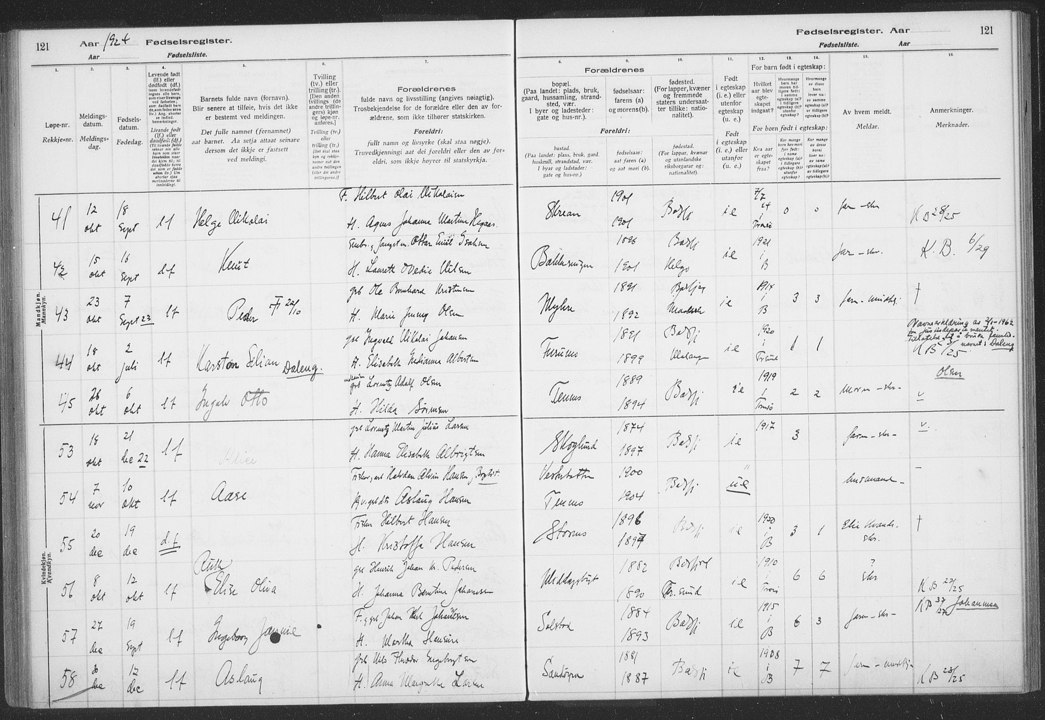Balsfjord sokneprestembete, AV/SATØ-S-1303/H/Hb/L0059: Birth register no. 59, 1916-1930, p. 121