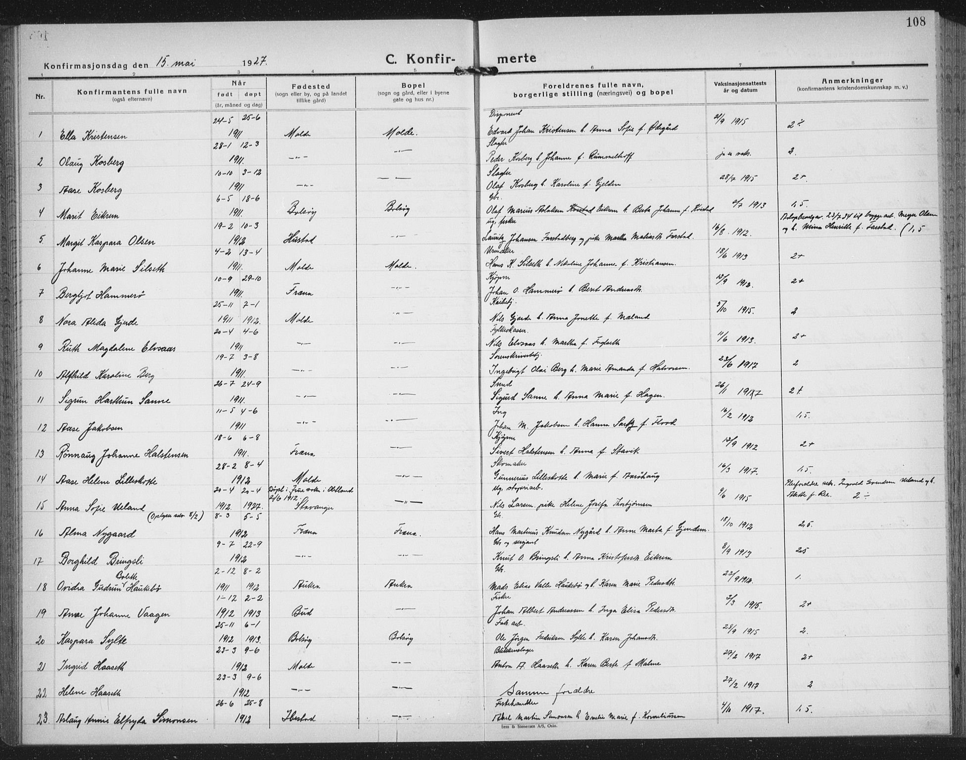 Ministerialprotokoller, klokkerbøker og fødselsregistre - Møre og Romsdal, AV/SAT-A-1454/558/L0704: Parish register (copy) no. 558C05, 1921-1942, p. 108