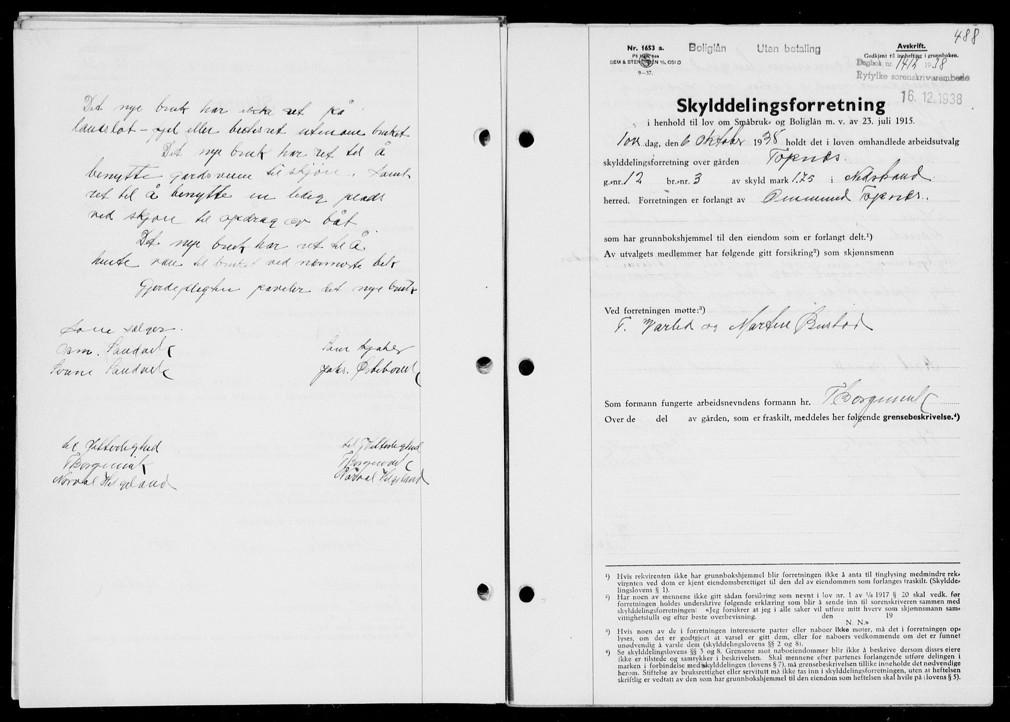 Ryfylke tingrett, SAST/A-100055/001/II/IIB/L0078: Mortgage book no. 57, 1938-1938, Diary no: : 1412/1938