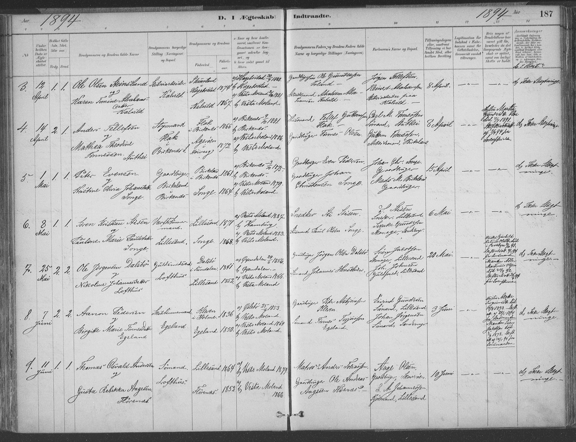 Vestre Moland sokneprestkontor, AV/SAK-1111-0046/F/Fa/Fab/L0009: Parish register (official) no. A 9, 1884-1899, p. 187