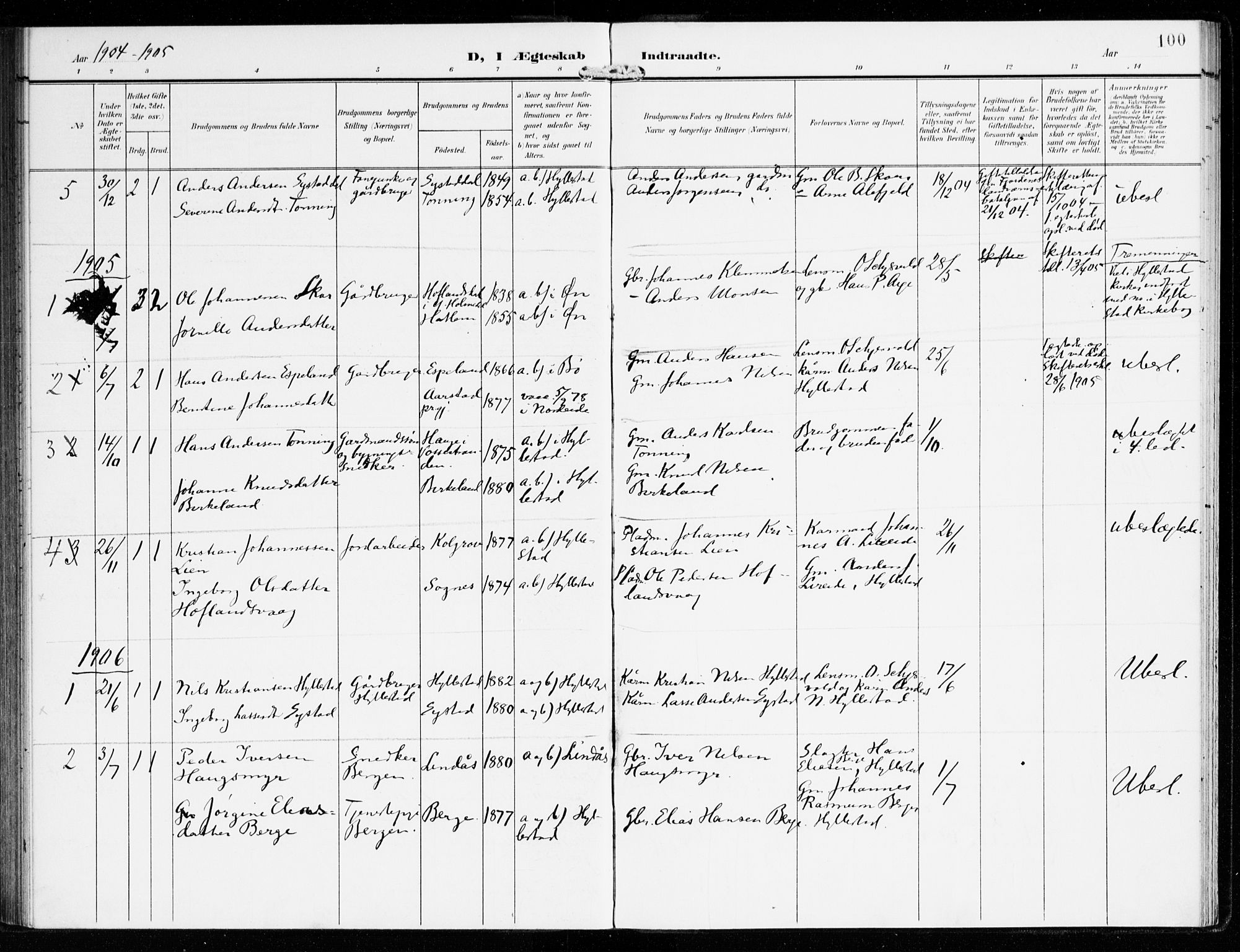 Hyllestad sokneprestembete, SAB/A-80401: Parish register (official) no. B 2, 1903-1917, p. 100