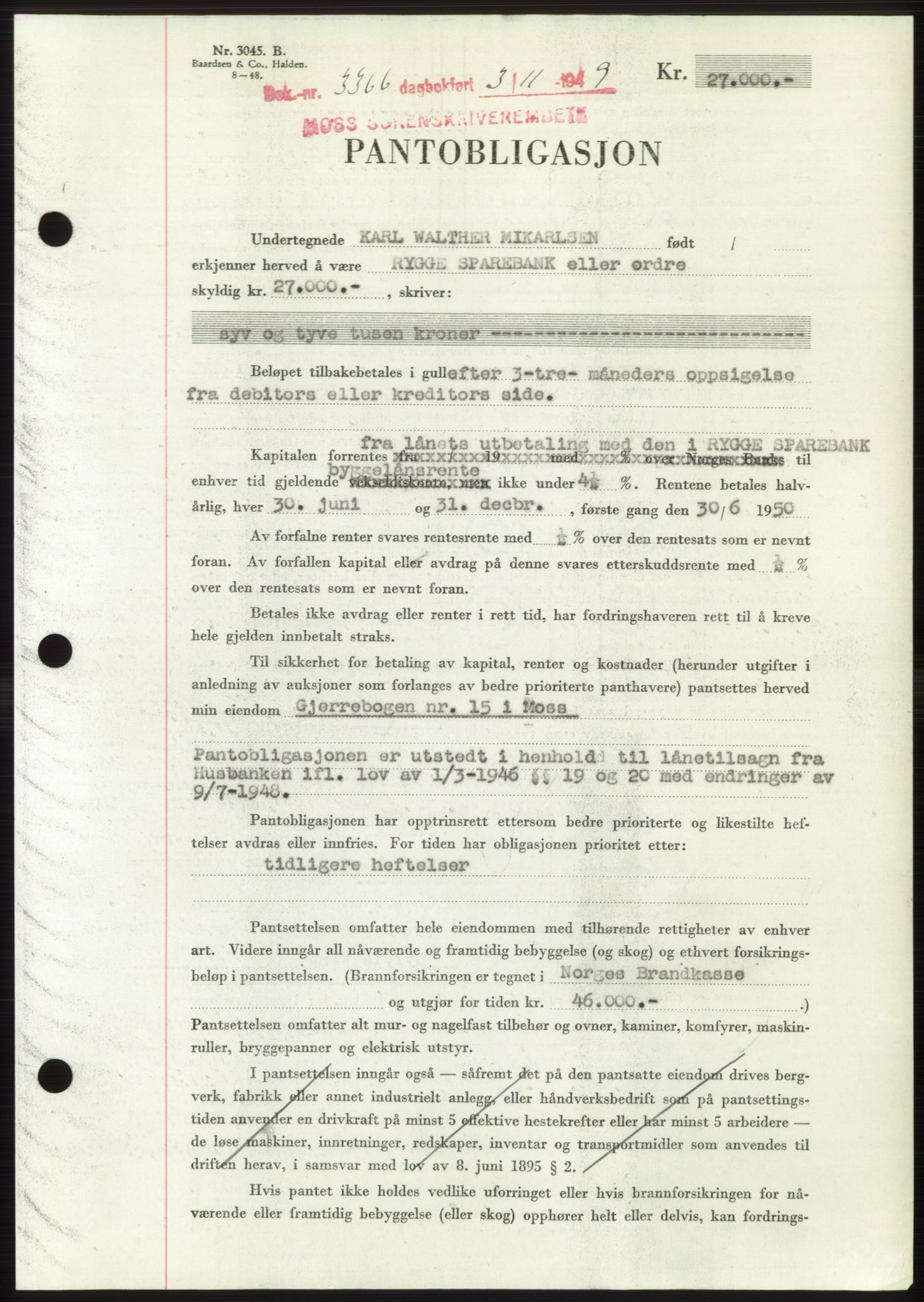 Moss sorenskriveri, SAO/A-10168: Mortgage book no. B23, 1949-1950, Diary no: : 3366/1949