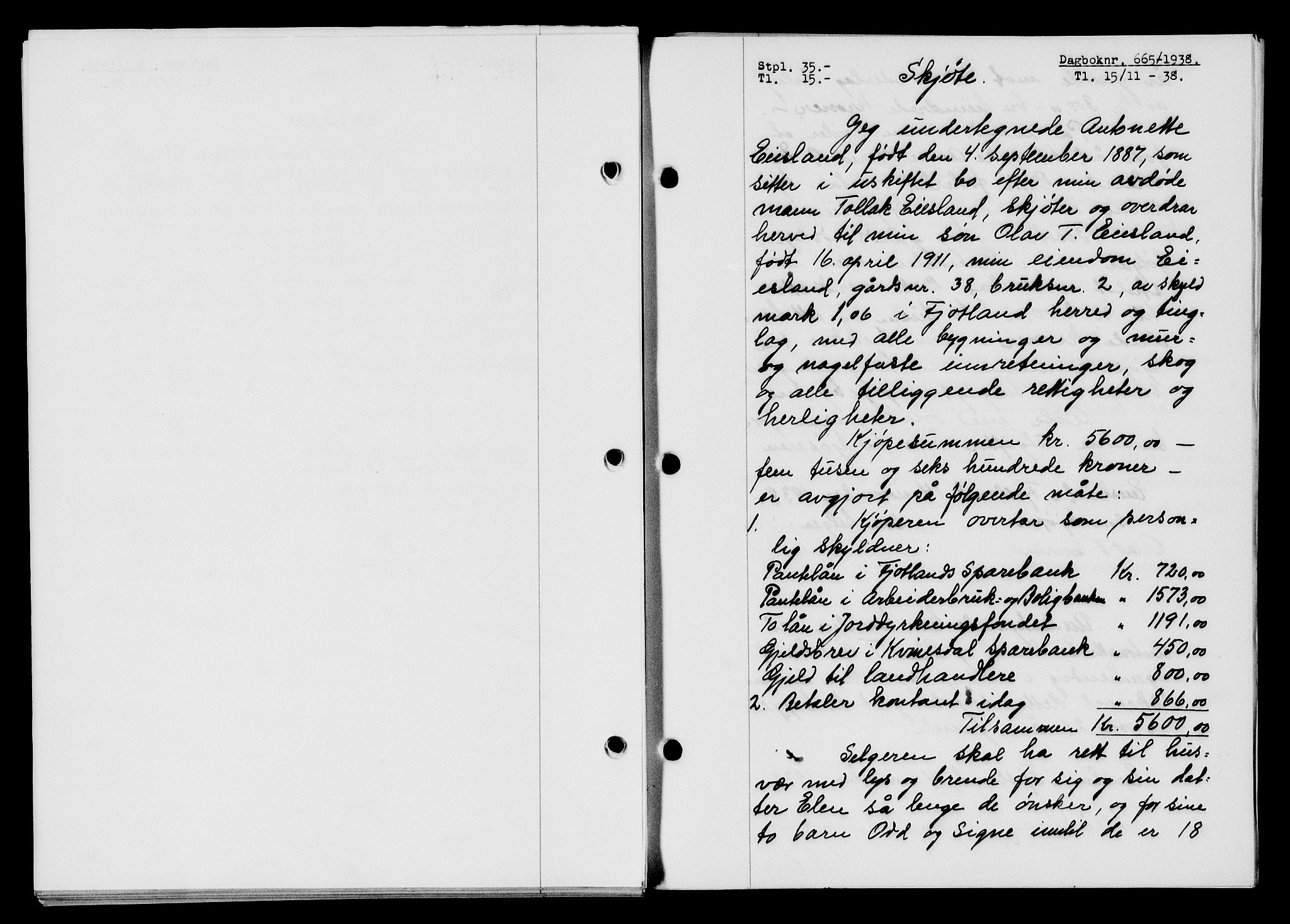 Flekkefjord sorenskriveri, SAK/1221-0001/G/Gb/Gba/L0054: Mortgage book no. A-2, 1937-1938, Diary no: : 665/1938