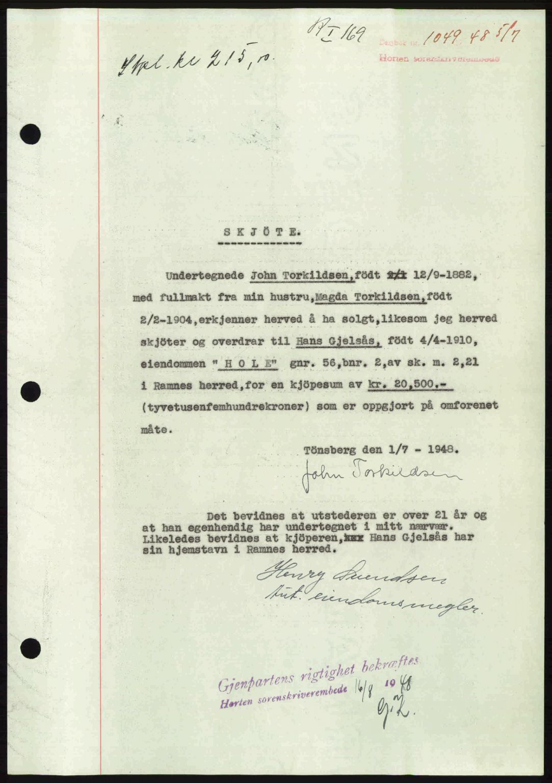 Horten sorenskriveri, AV/SAKO-A-133/G/Ga/Gaa/L0010: Mortgage book no. A-10, 1947-1948, Diary no: : 1049/1948