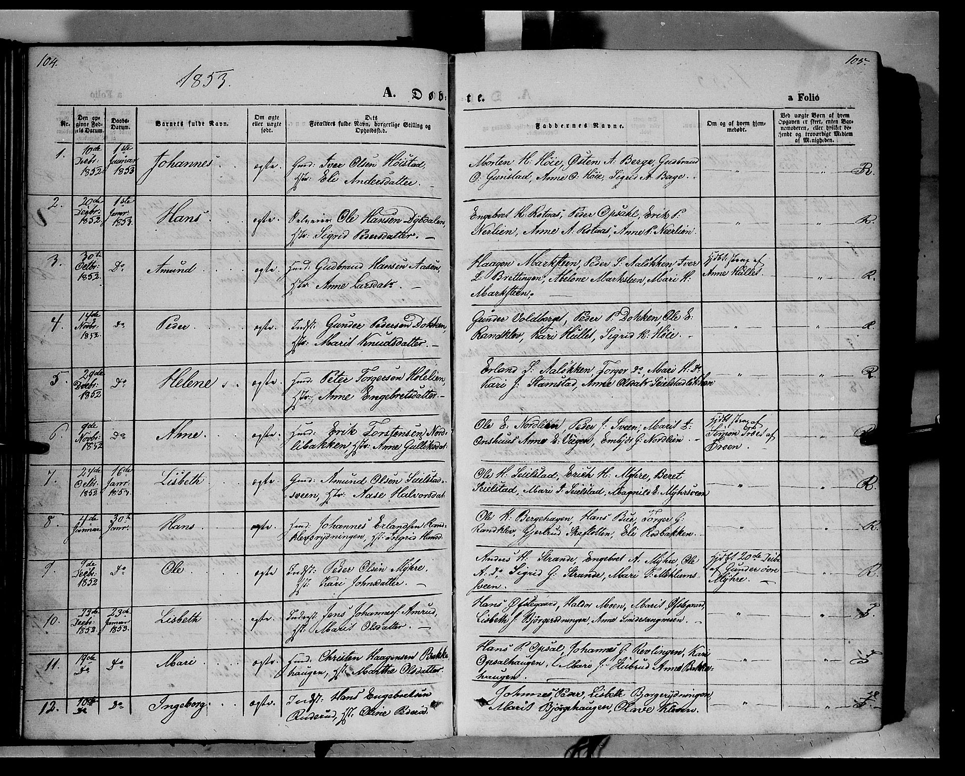 Ringebu prestekontor, SAH/PREST-082/H/Ha/Haa/L0006: Parish register (official) no. 6, 1848-1859, p. 104-105