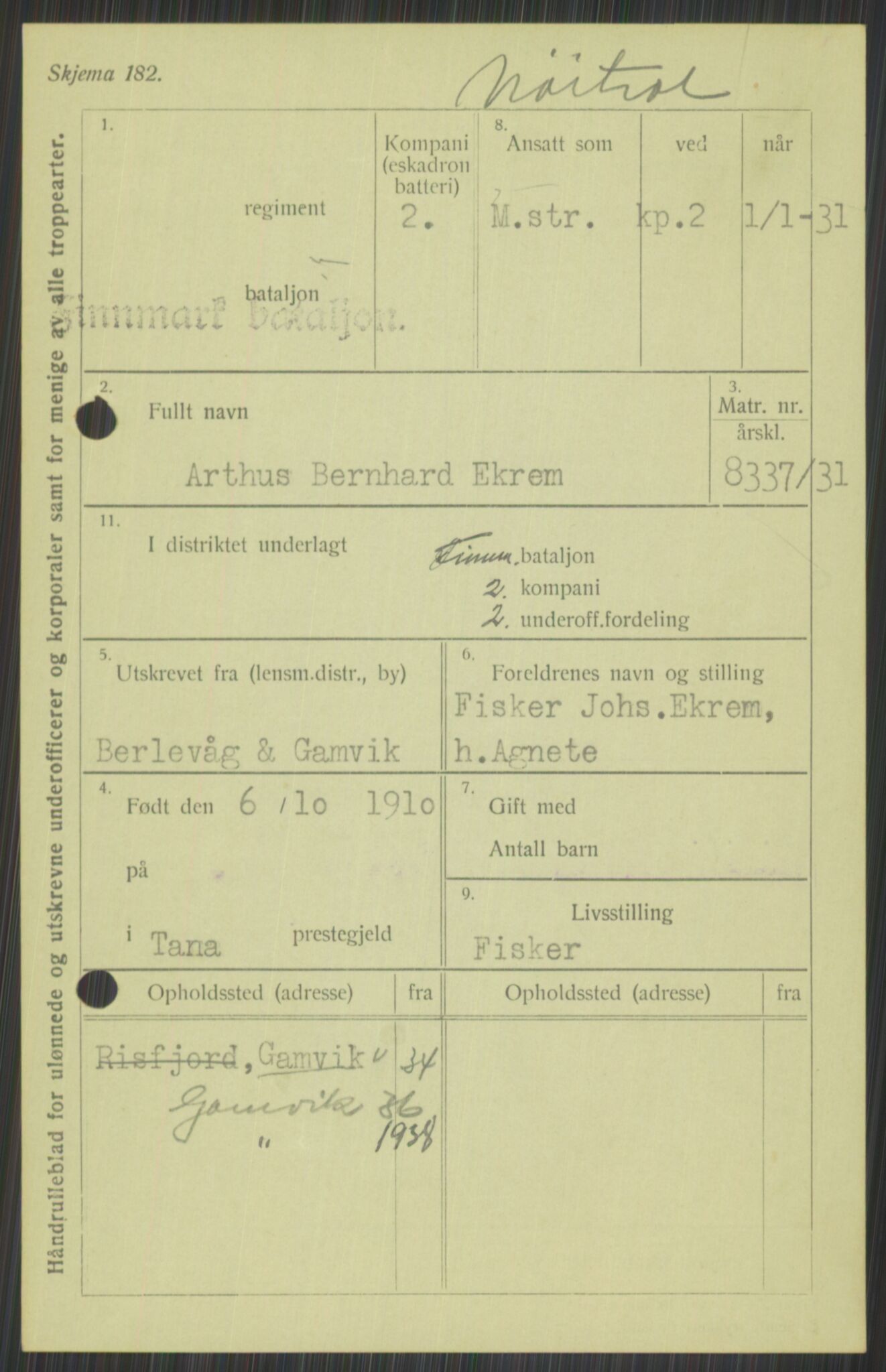 Forsvaret, Varanger bataljon, AV/RA-RAFA-2258/1/D/L0440: Rulleblad for fødte 1892-1912, 1892-1912, p. 1047