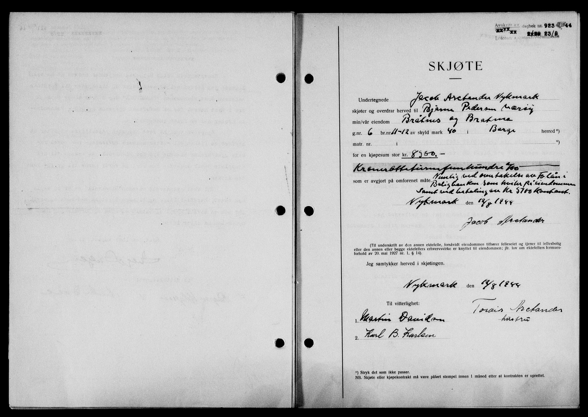Lofoten sorenskriveri, SAT/A-0017/1/2/2C/L0012a: Mortgage book no. 12a, 1943-1944, Diary no: : 923/1944