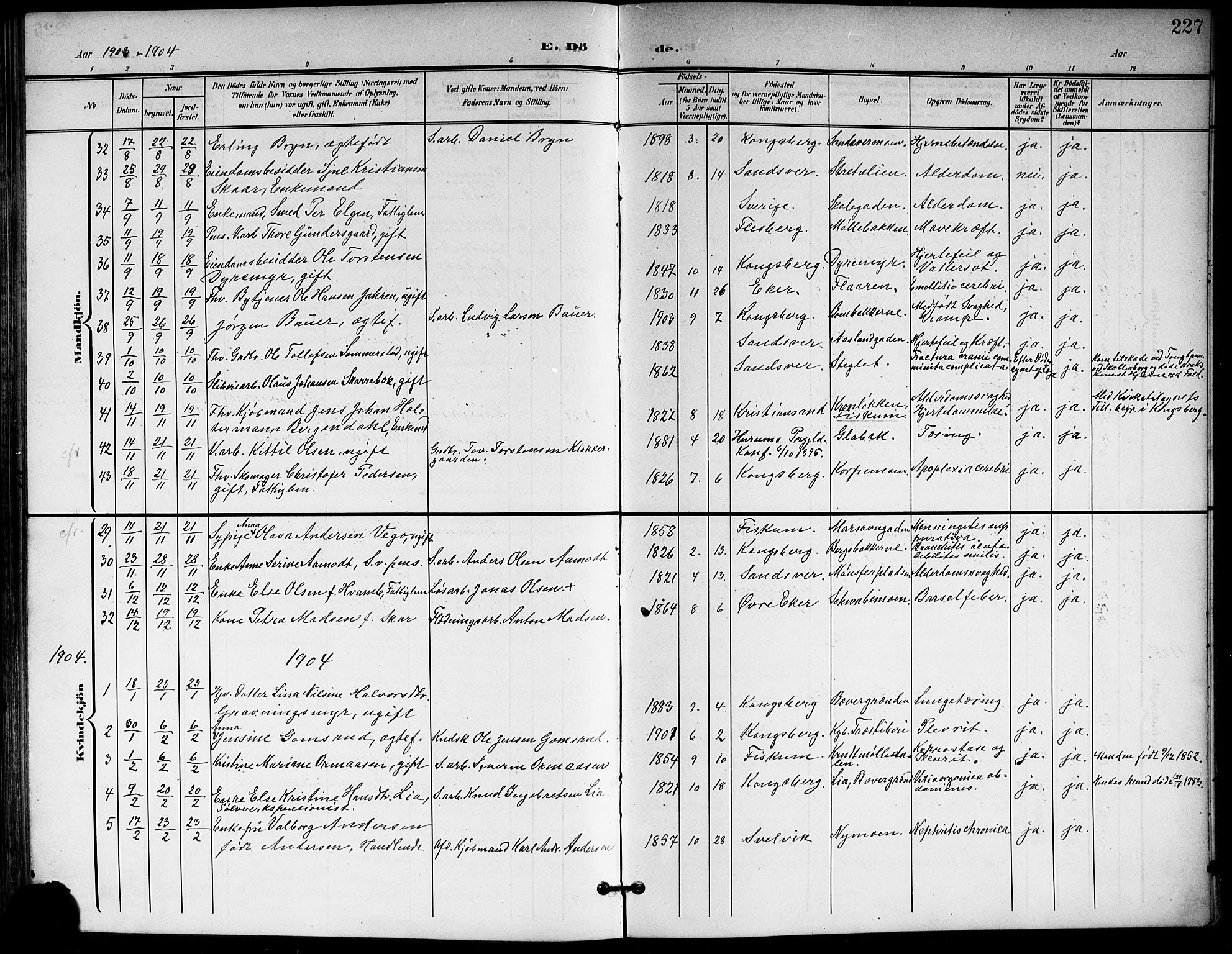 Kongsberg kirkebøker, SAKO/A-22/G/Ga/L0007: Parish register (copy) no. 7, 1901-1915, p. 227