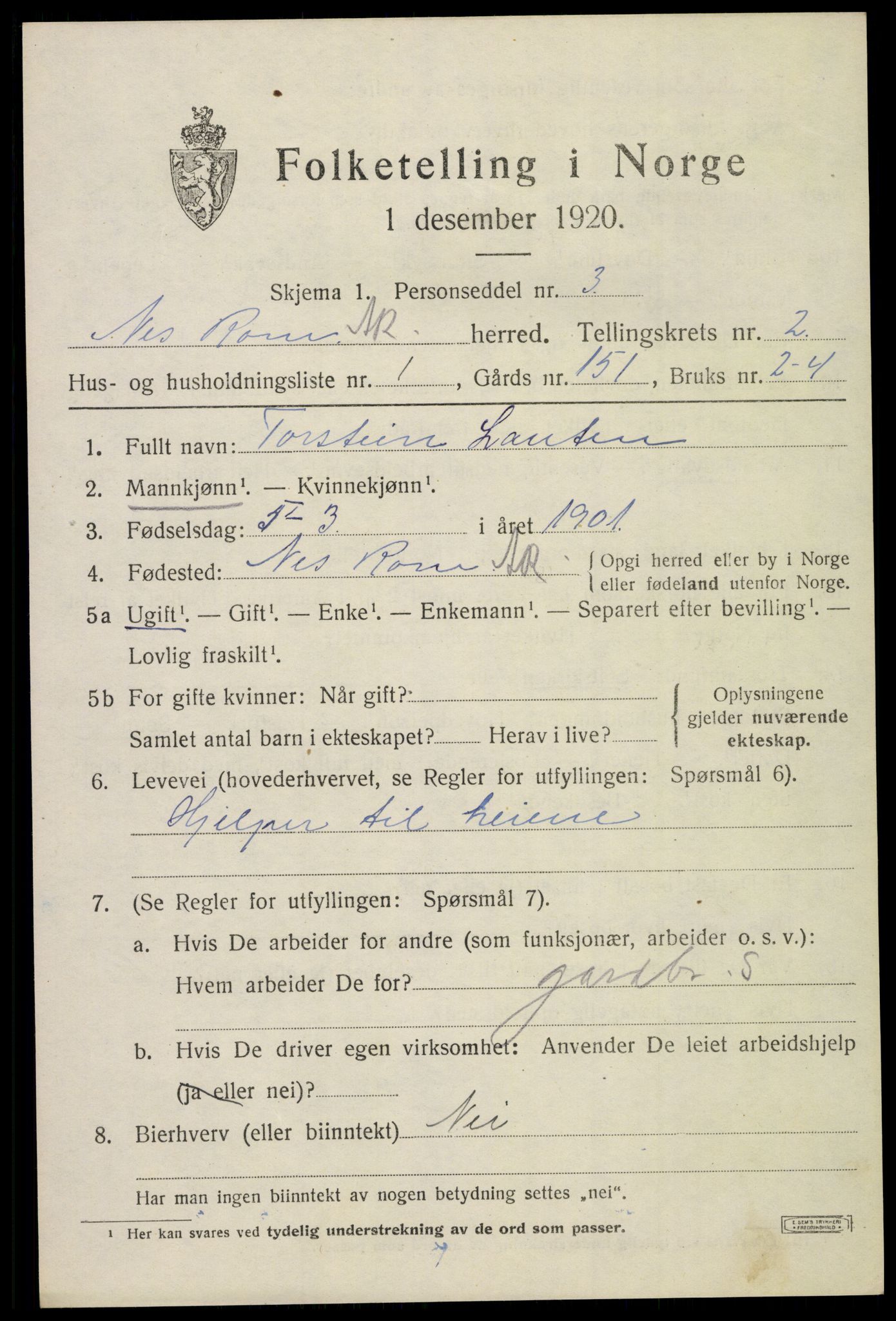 SAO, 1920 census for Nes, 1920, p. 5118