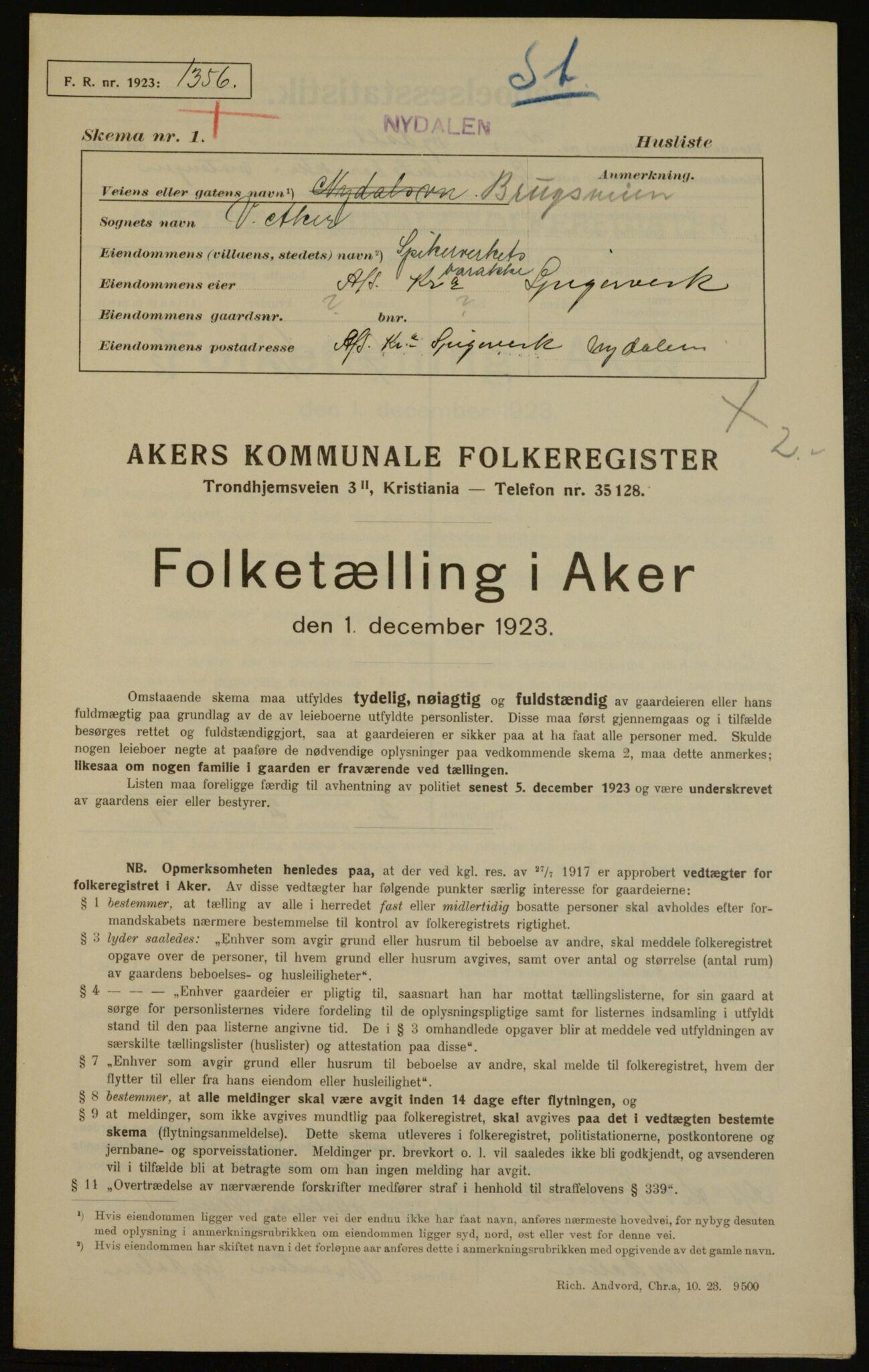 , Municipal Census 1923 for Aker, 1923, p. 16333