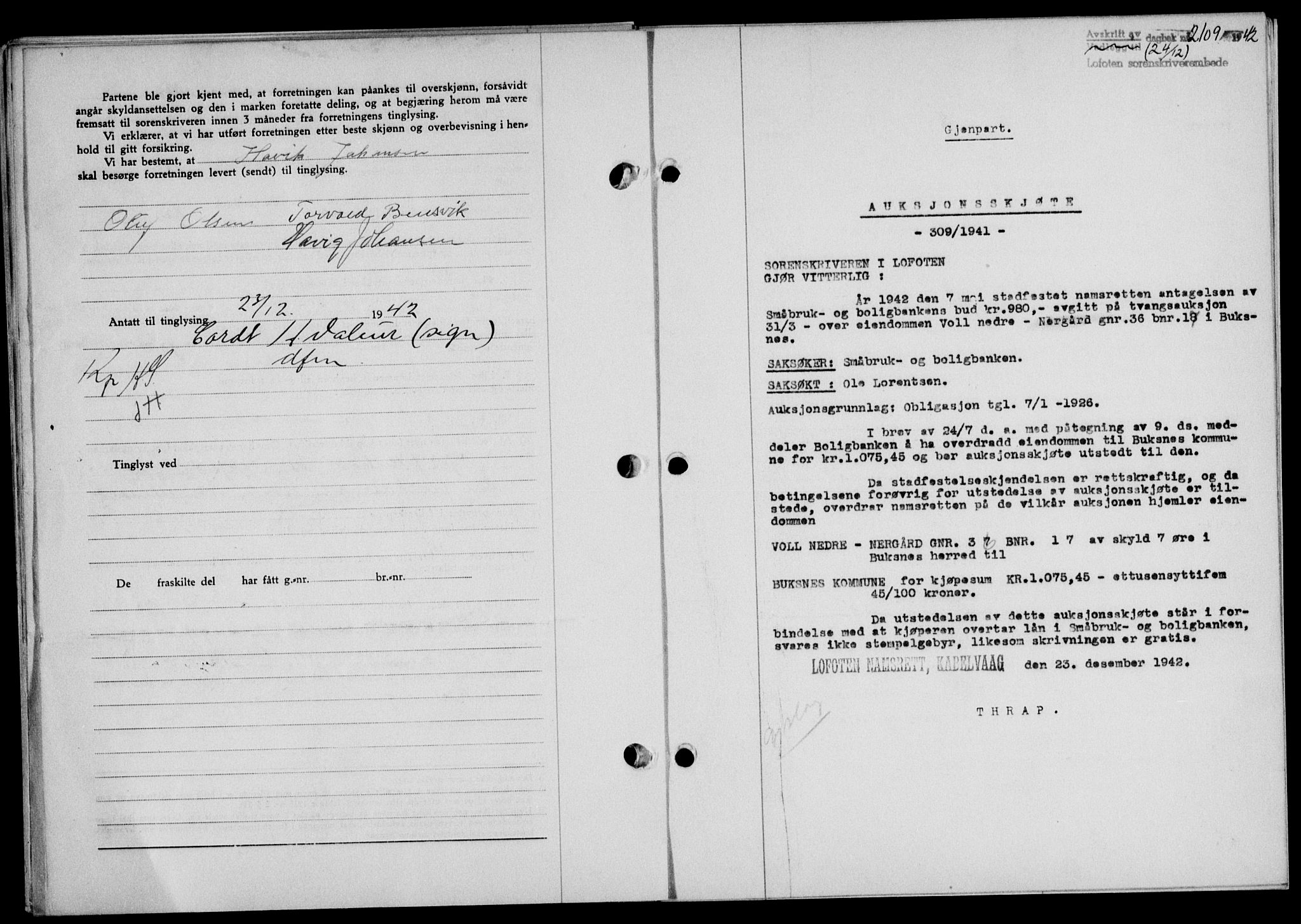 Lofoten sorenskriveri, SAT/A-0017/1/2/2C/L0010a: Mortgage book no. 10a, 1942-1943, Diary no: : 2109/1942